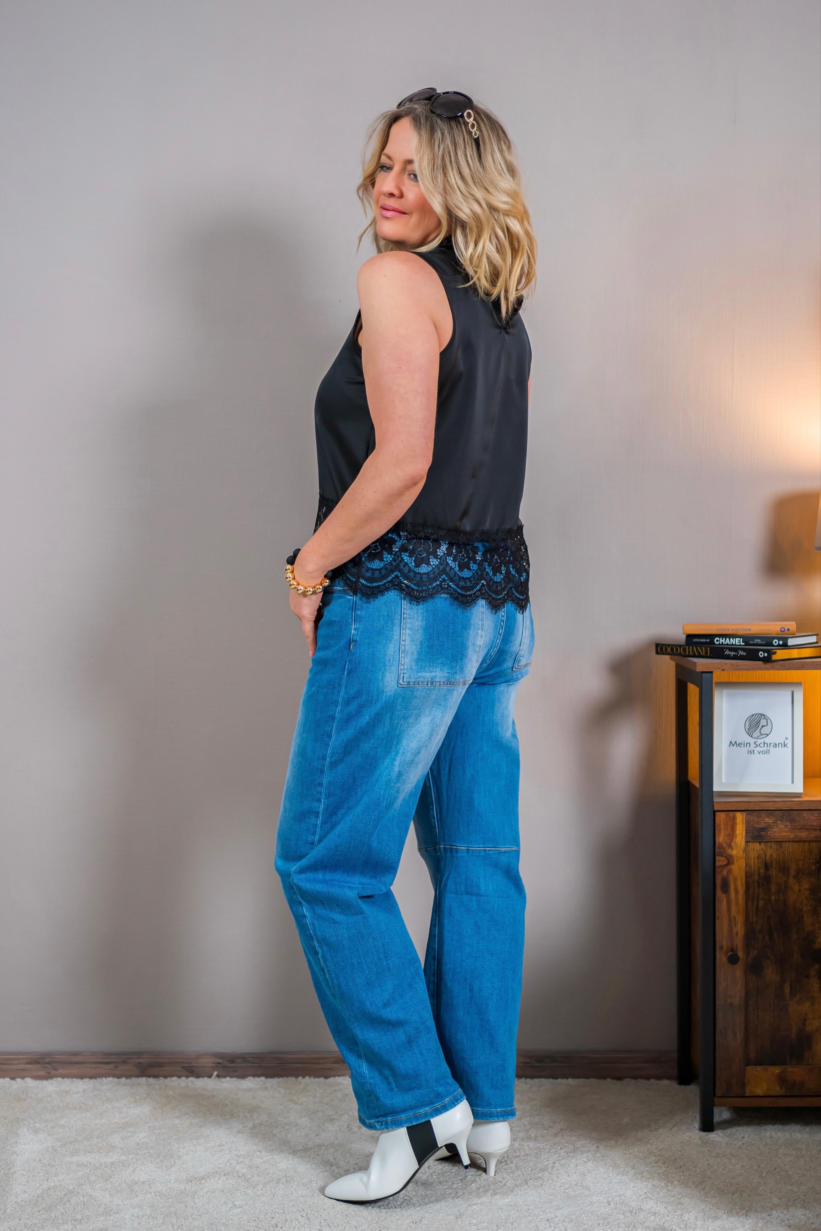 Ärmellose Bluse mit Spitzenabschluss, schwarz