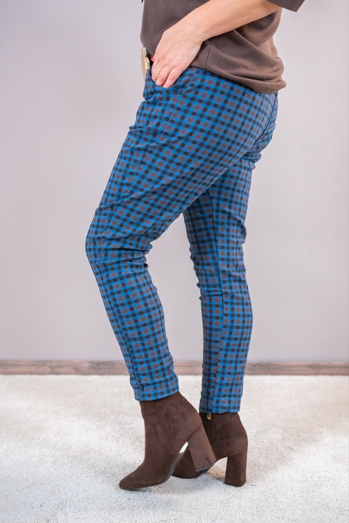 Stretchhose im Karo-Design, dunkelblau