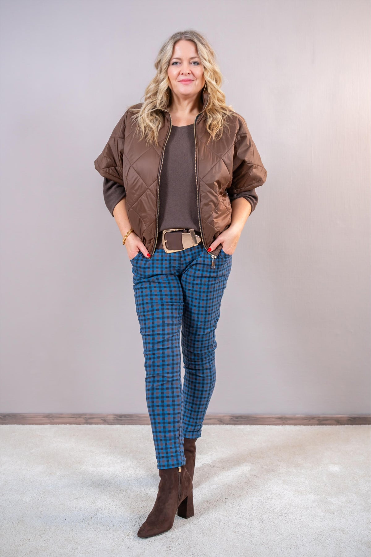 Stretchhose im Karo-Design, dunkelblau