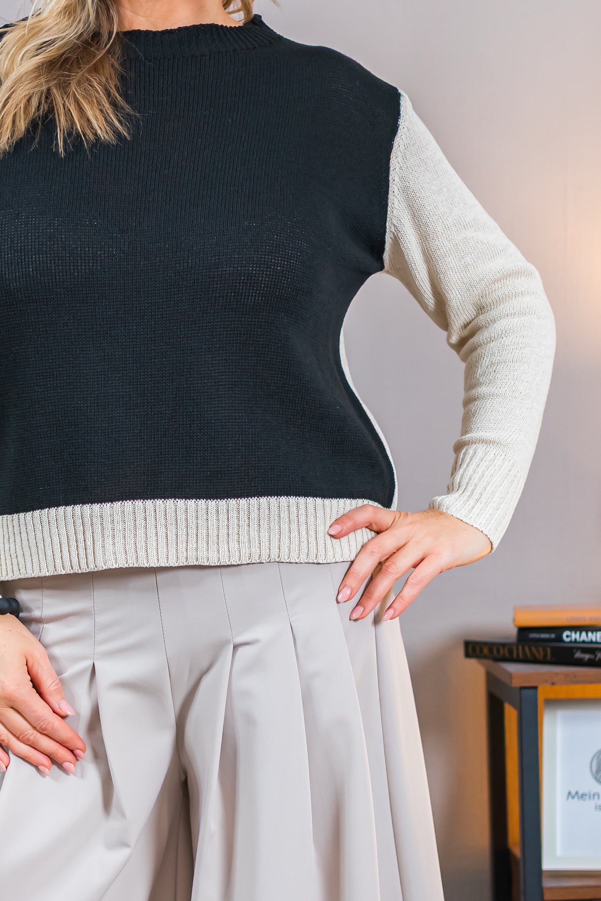 Strickpullover im Zweifarben-Design, schwarz/creme