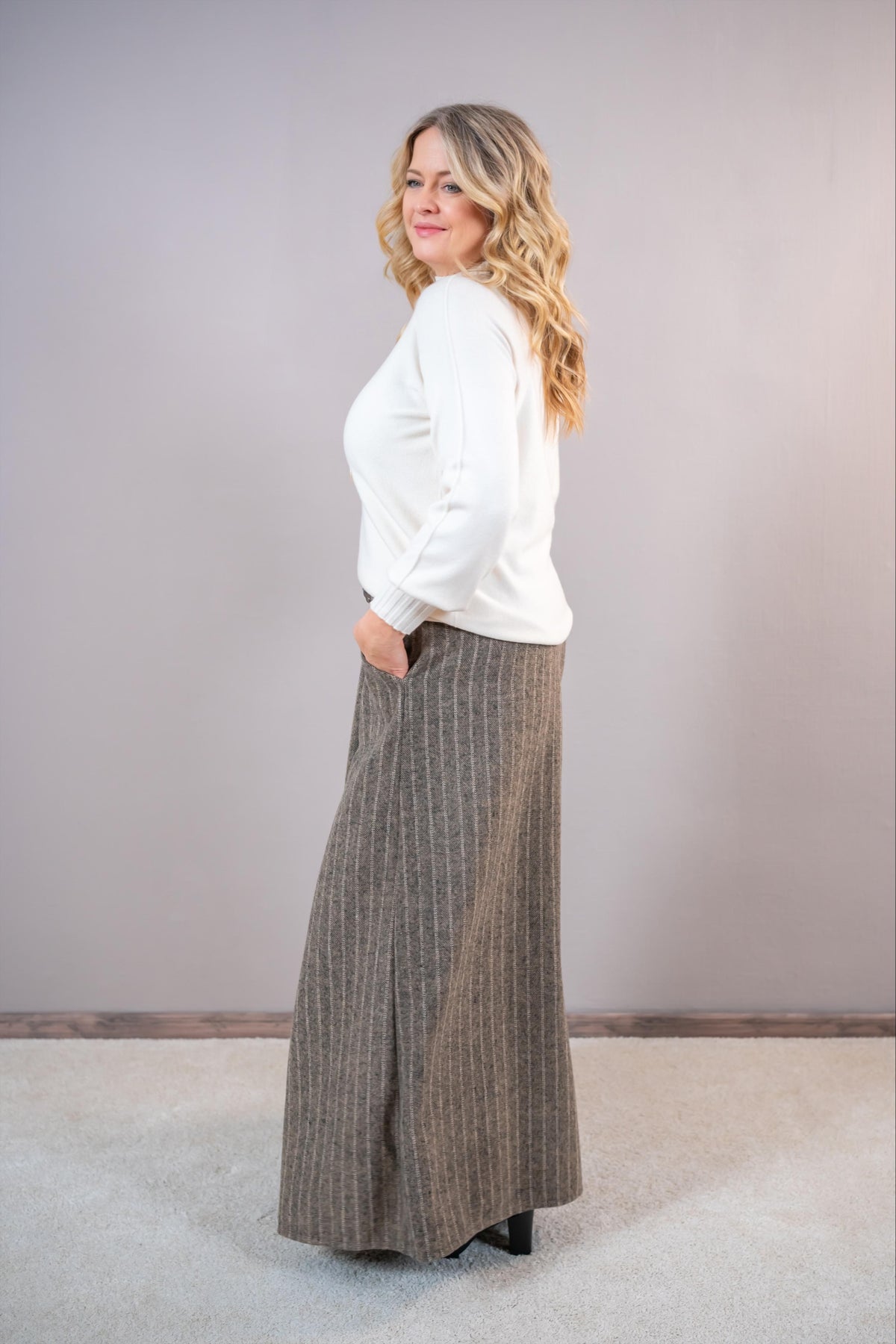 Feinstrickpullover mit Stehkragen, creme