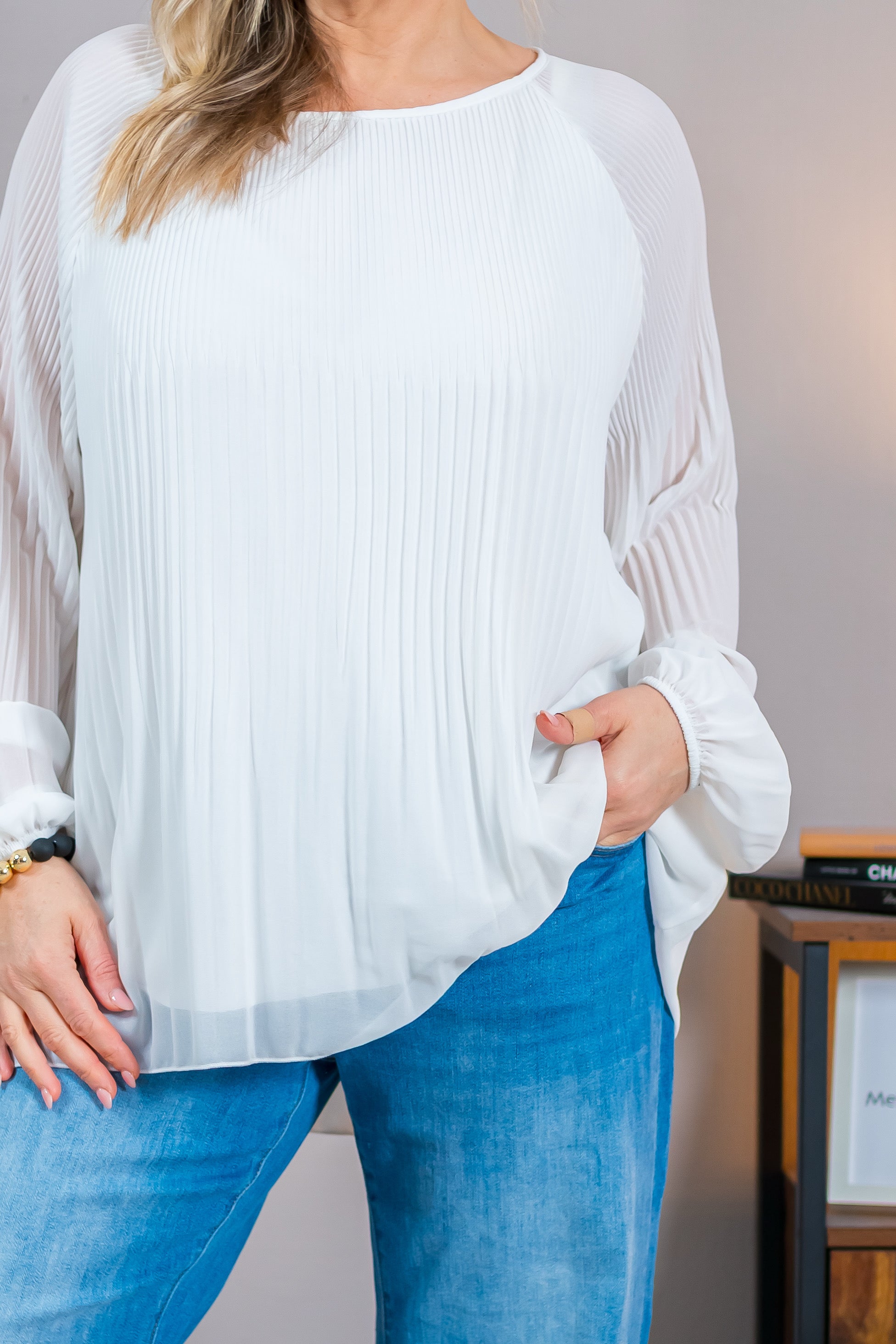 Plissee-Bluse, weiß