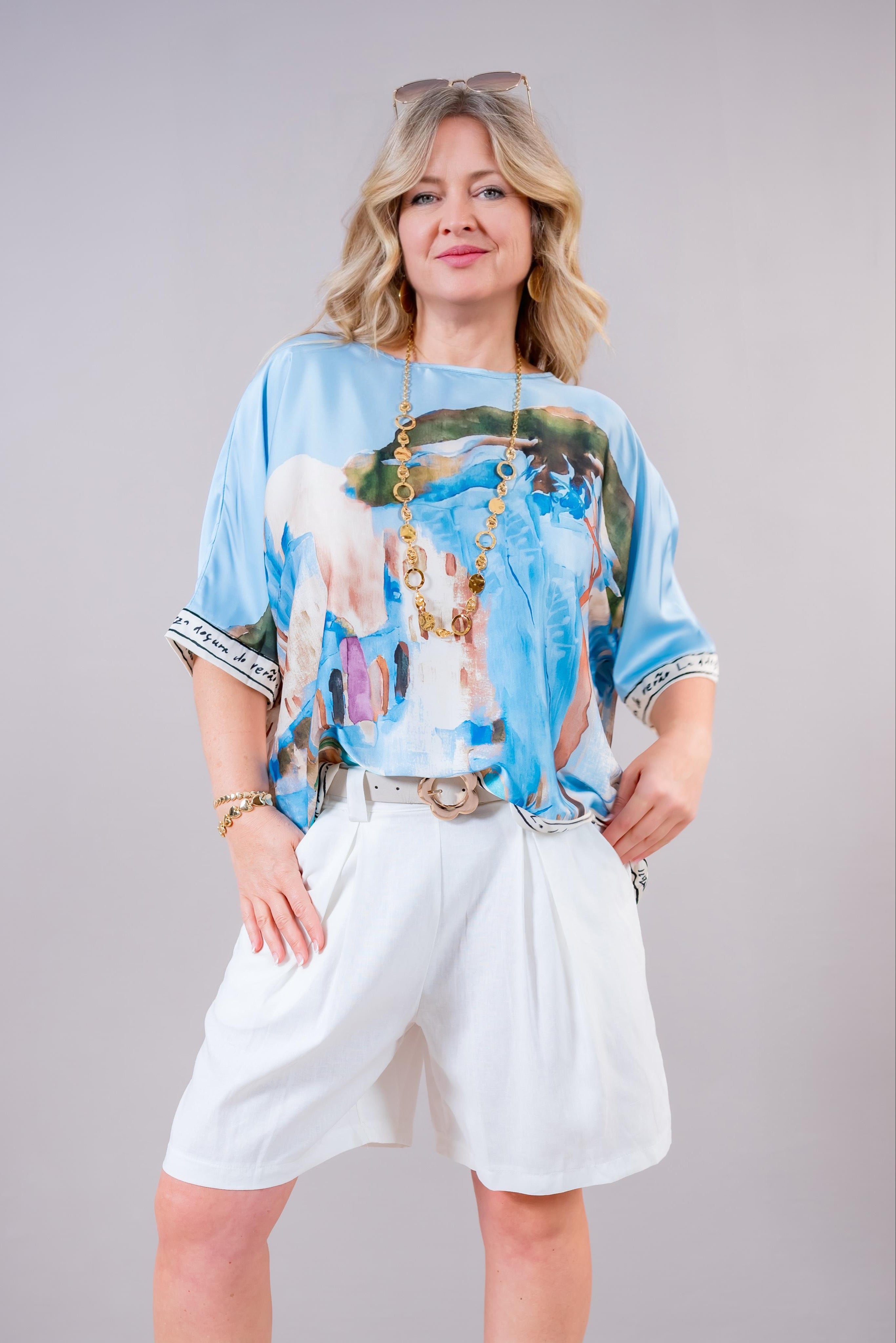 Oversize Blusen-Shirt mit Print, hellblau