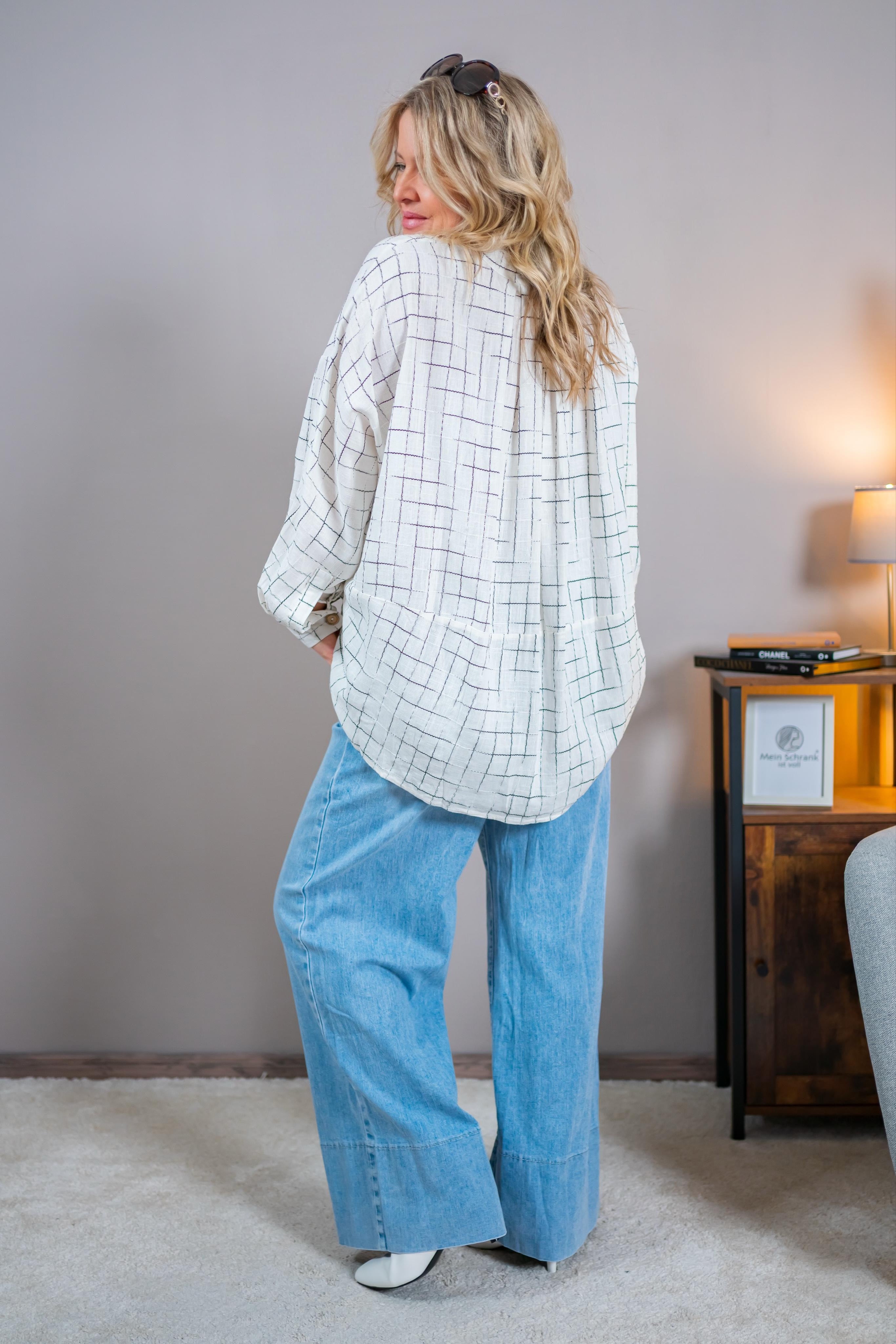 Leinen-Bluse mit Karomuster, ecru/schwarz