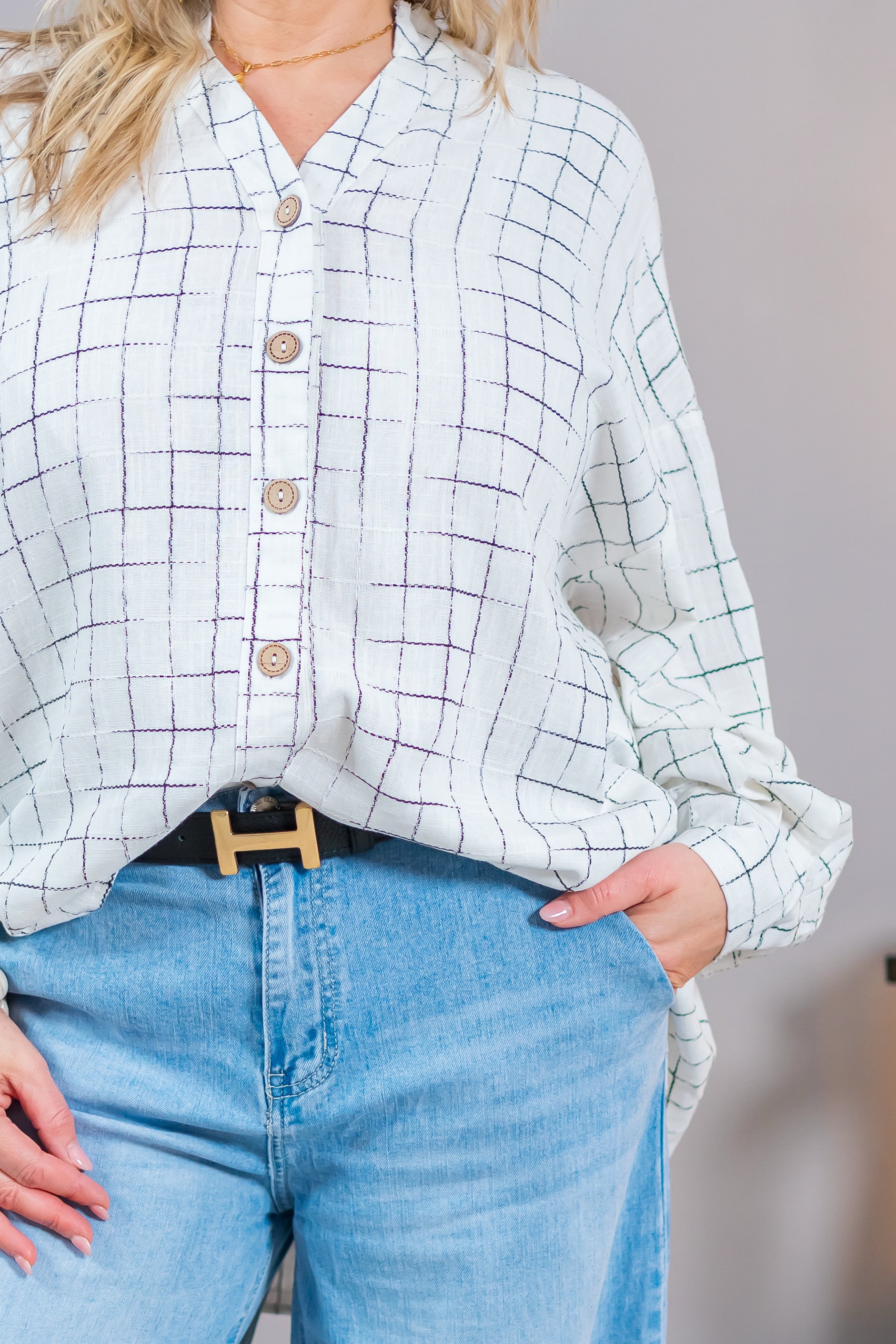 Leinen-Bluse mit Karomuster, ecru/schwarz