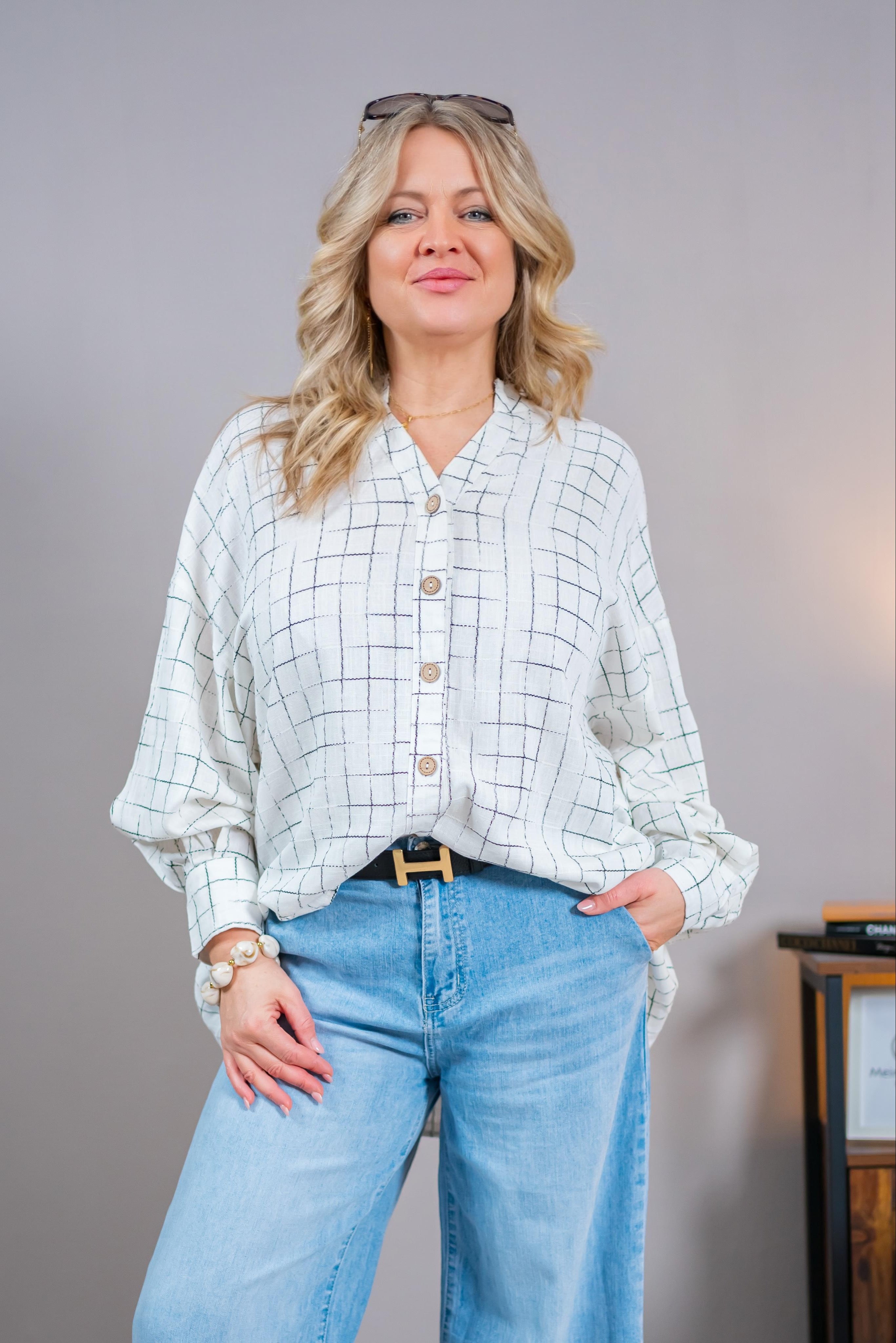 Leinen-Bluse mit Karomuster, ecru/schwarz