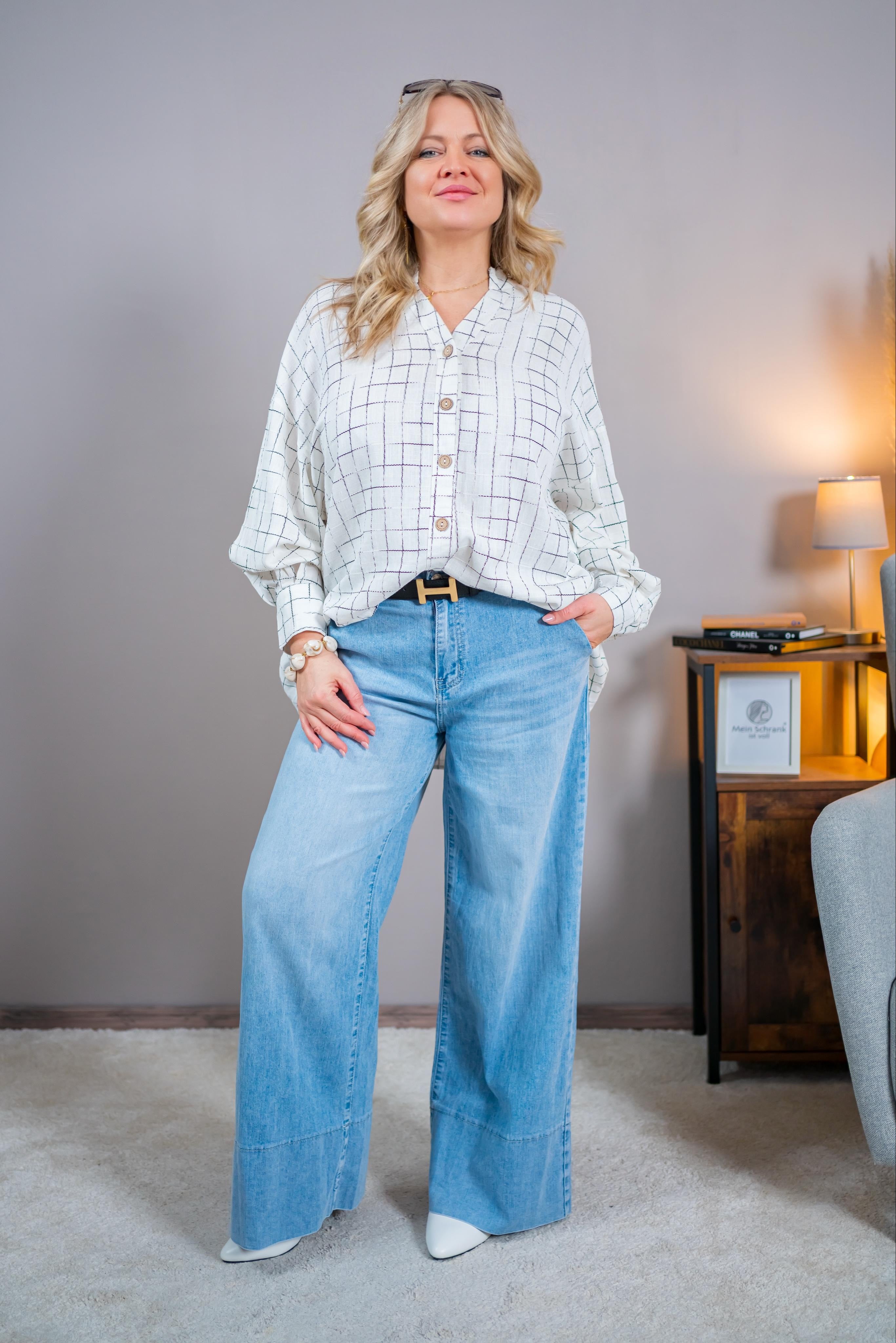 Leinen-Bluse mit Karomuster, ecru/schwarz