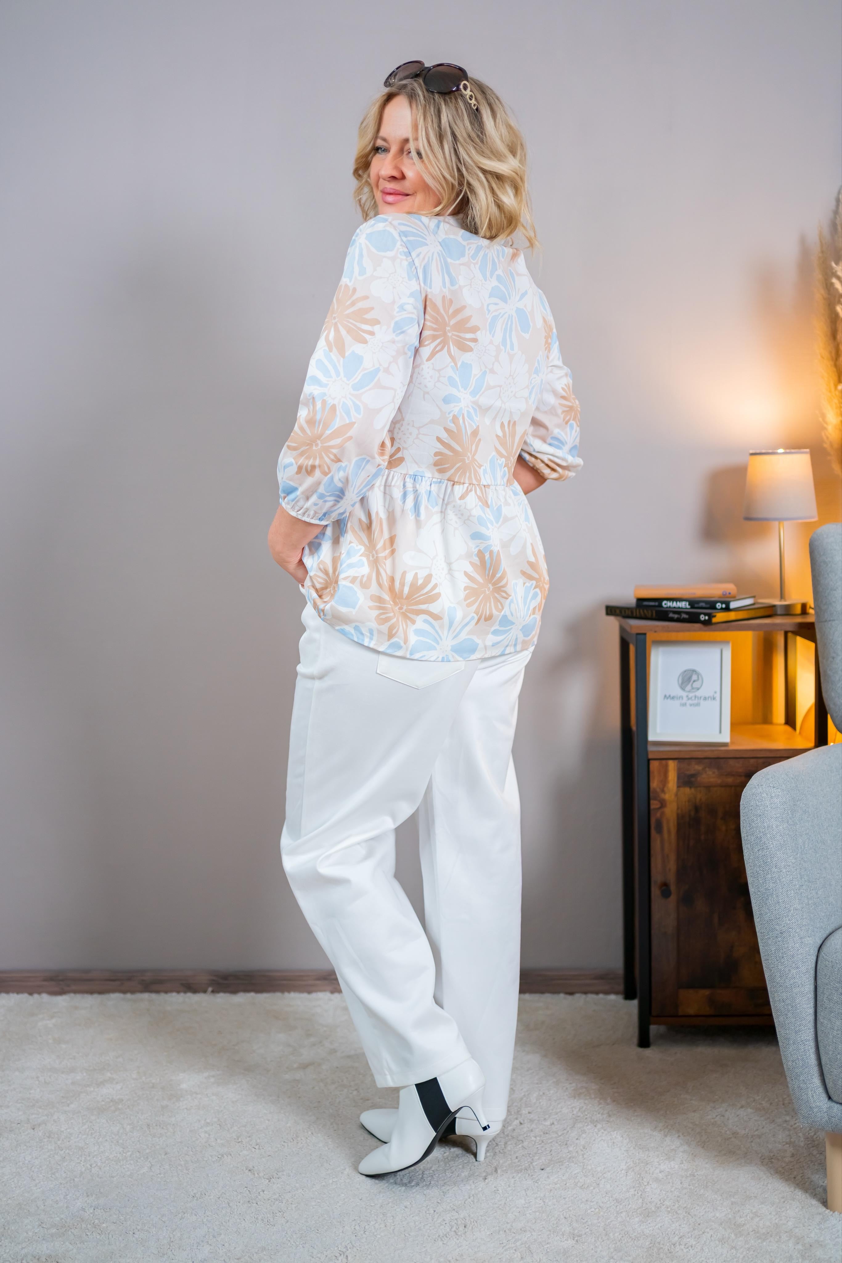 Bluse mit floralem Muster, blau/creme/beige