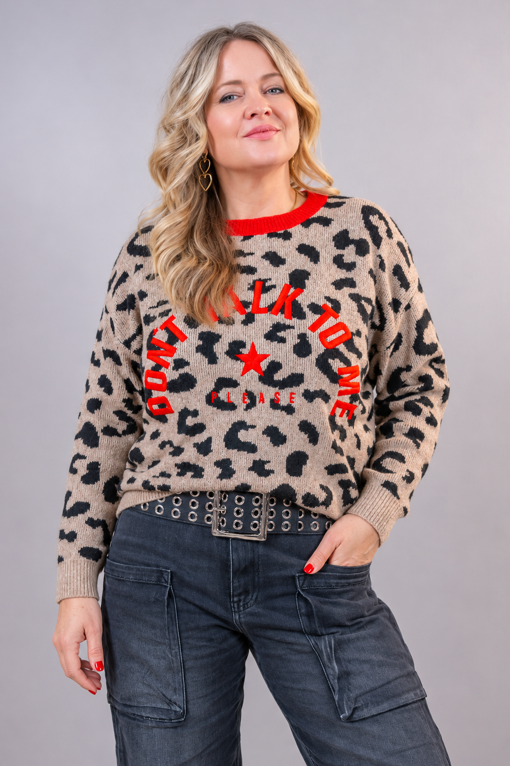 Strickpullover "Don´t talk to me", camel/schwarz/rot