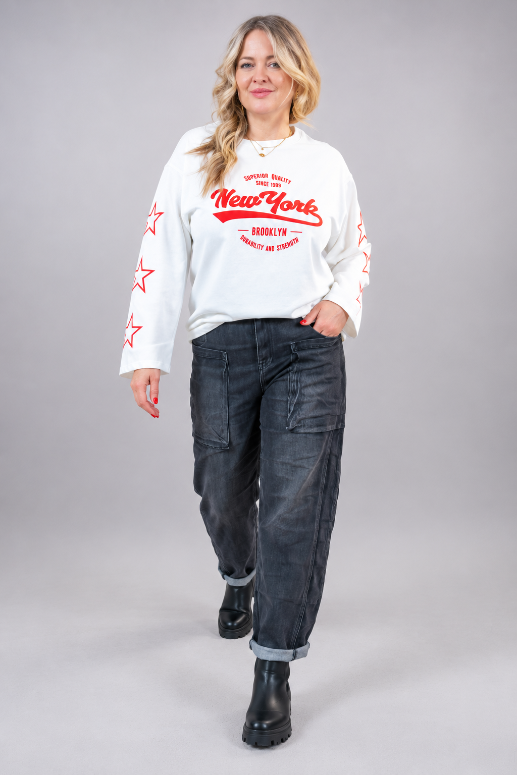 Langarmshirt mit Print, cremeweiß/rot