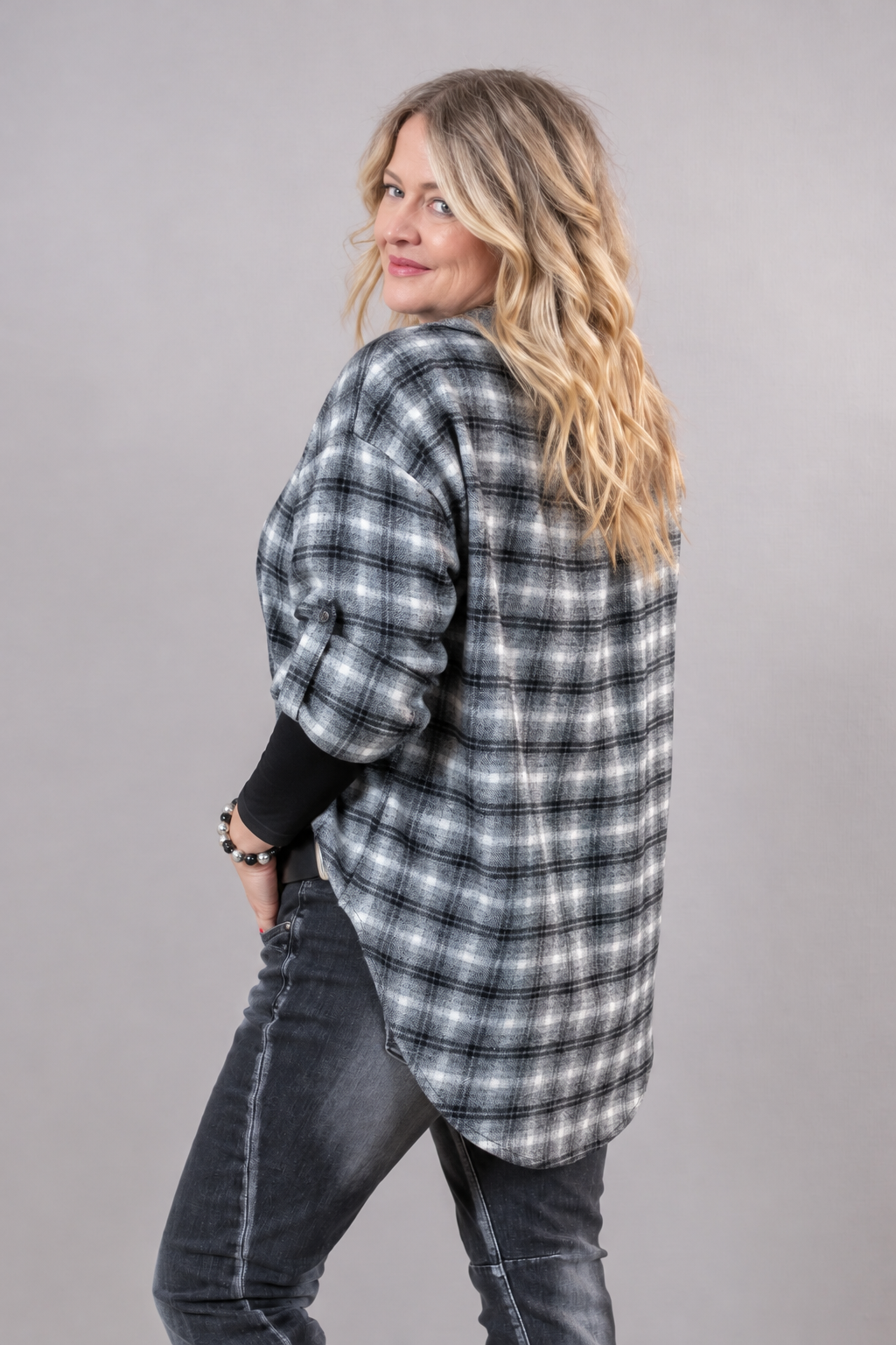 Karierte Hemdbluse, grau/weiß/schwarz