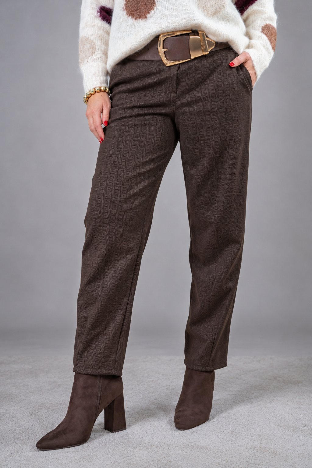 Flanellhose mit Fischgrätmuster, schokobraun