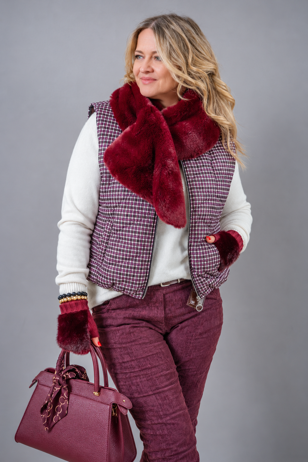 Strick Handstulpen mit Fake Fur, burgundy