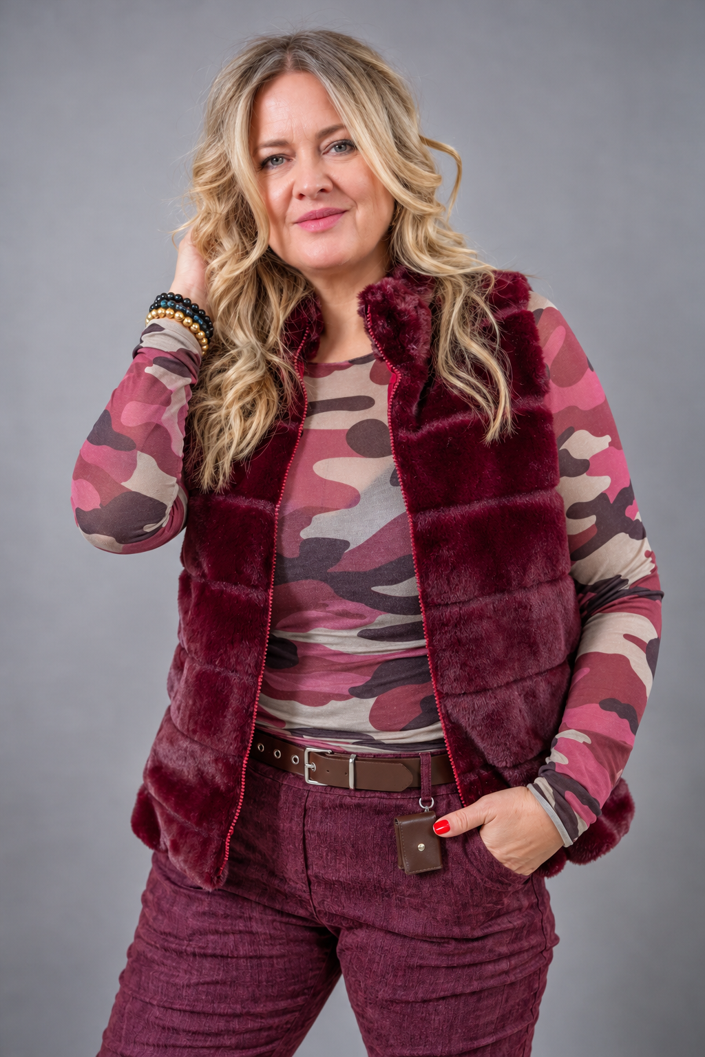 Kuschelige Fake Fur Weste, burgundy