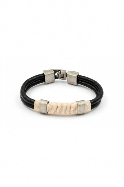 Herrenarmband Schwarz mit beigem Banddetail und Edelstahlverschluss