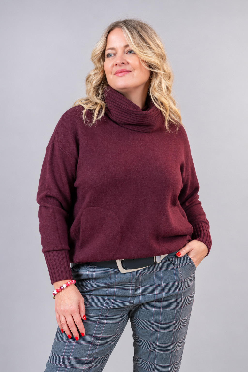 Oversize Strickpullover mit Rollkragen & Taschen, bordeaux