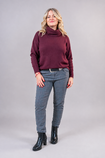 Oversize Strickpullover mit Rollkragen & Taschen, bordeaux
