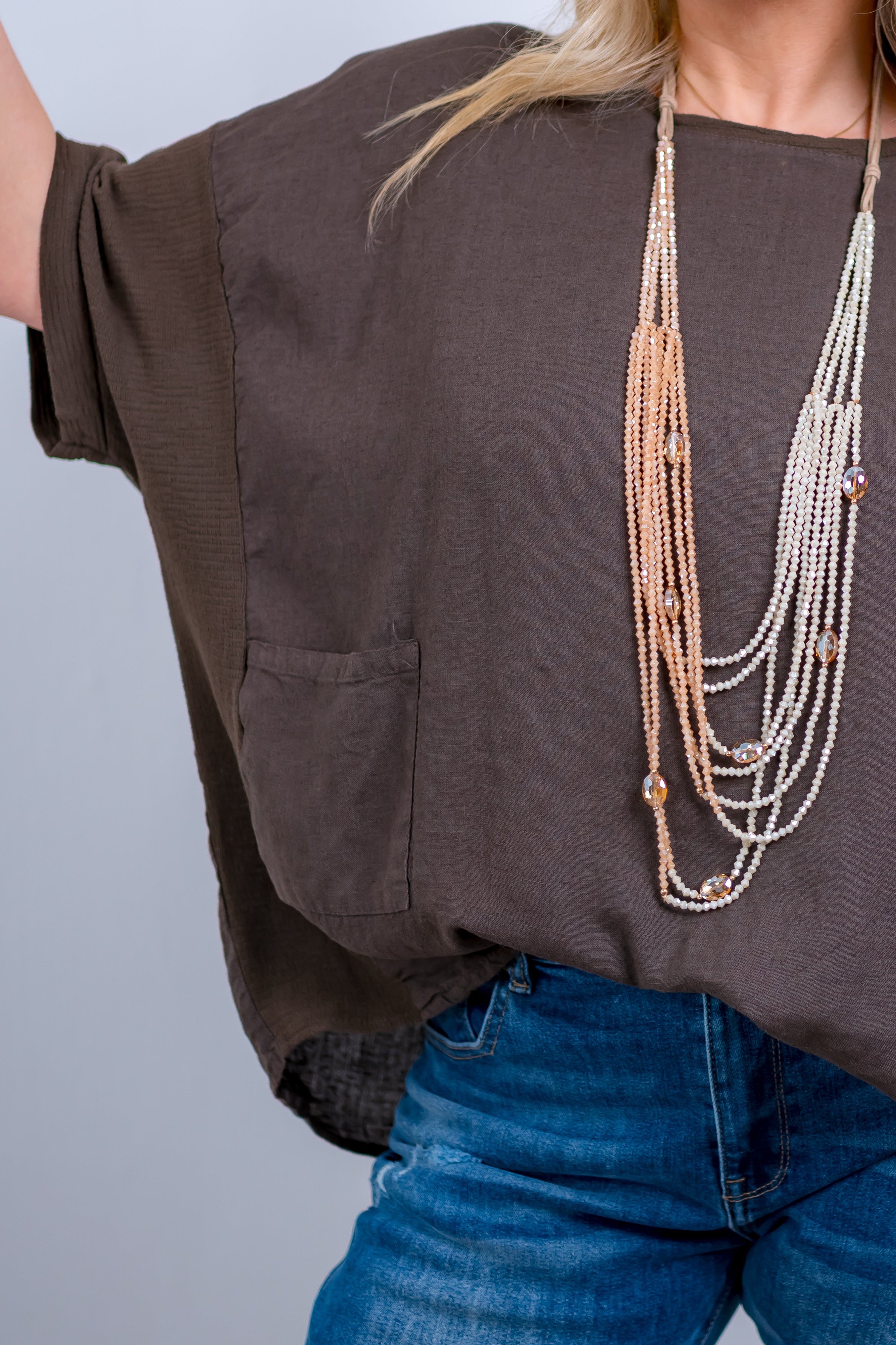 Leichtes Oversize-Shirt mit Strukturärmeln & Taschen, schokobraun
