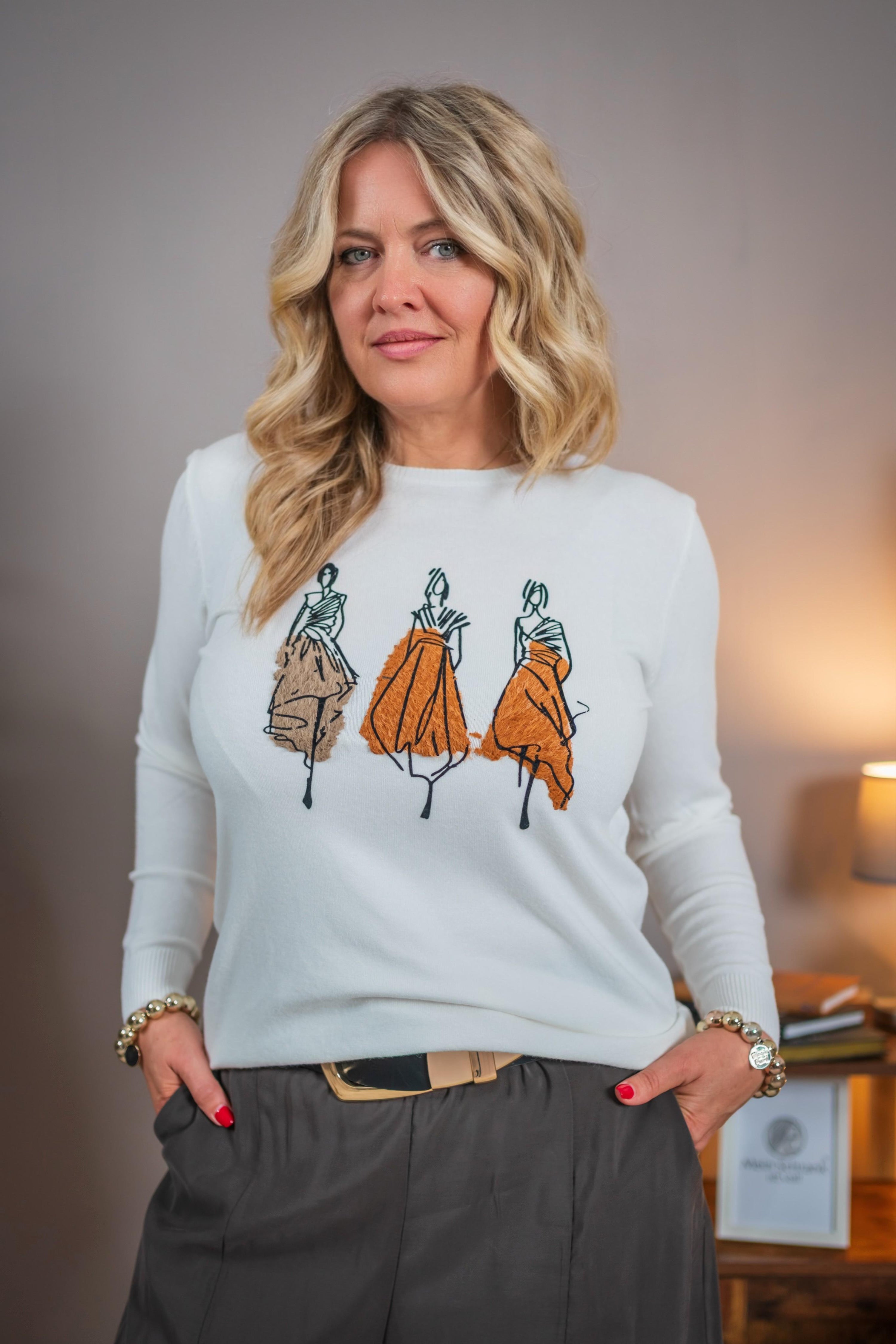 Feinstrick-Pullover mit Fashion-Motiv, wollweiß