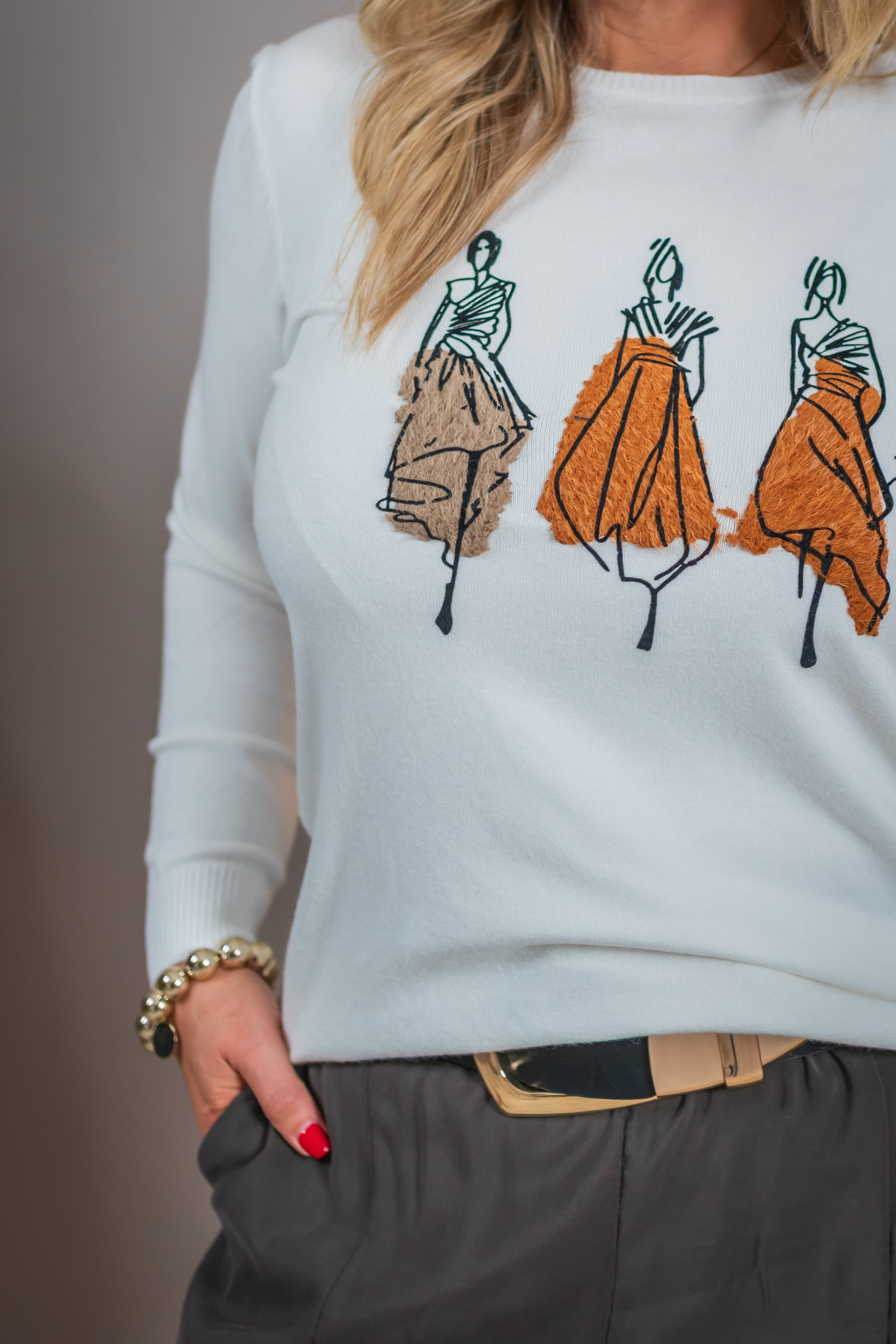 Feinstrick-Pullover mit Fashion-Motiv, wollweiß