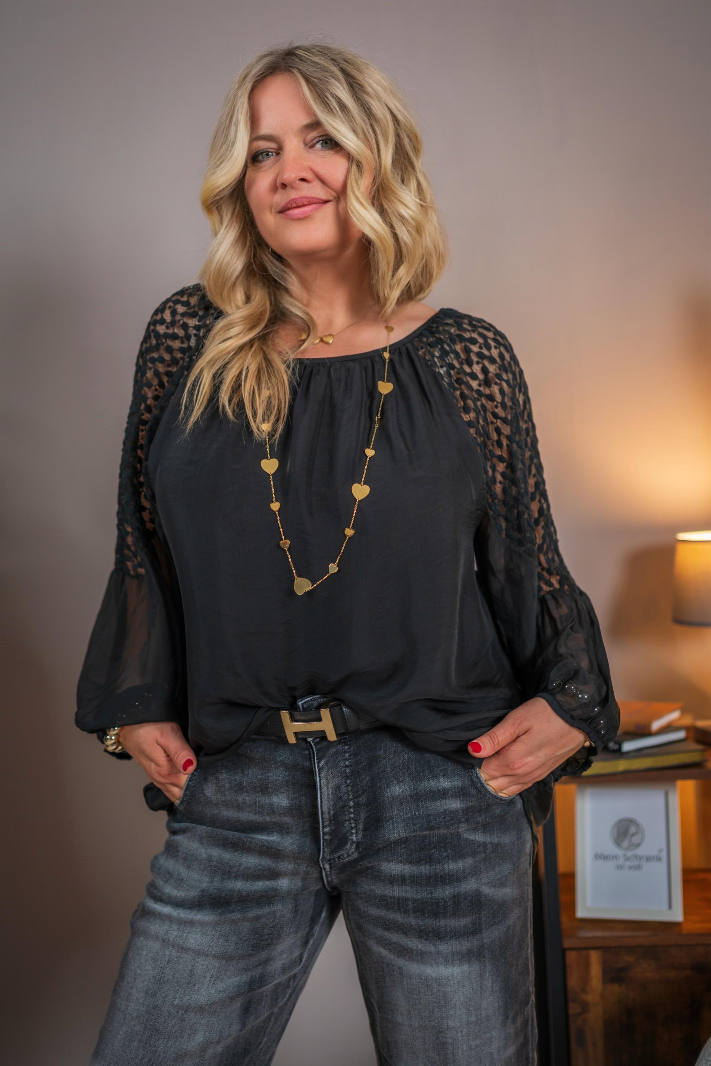 Bluse mit Spitzenärmel, schwarz