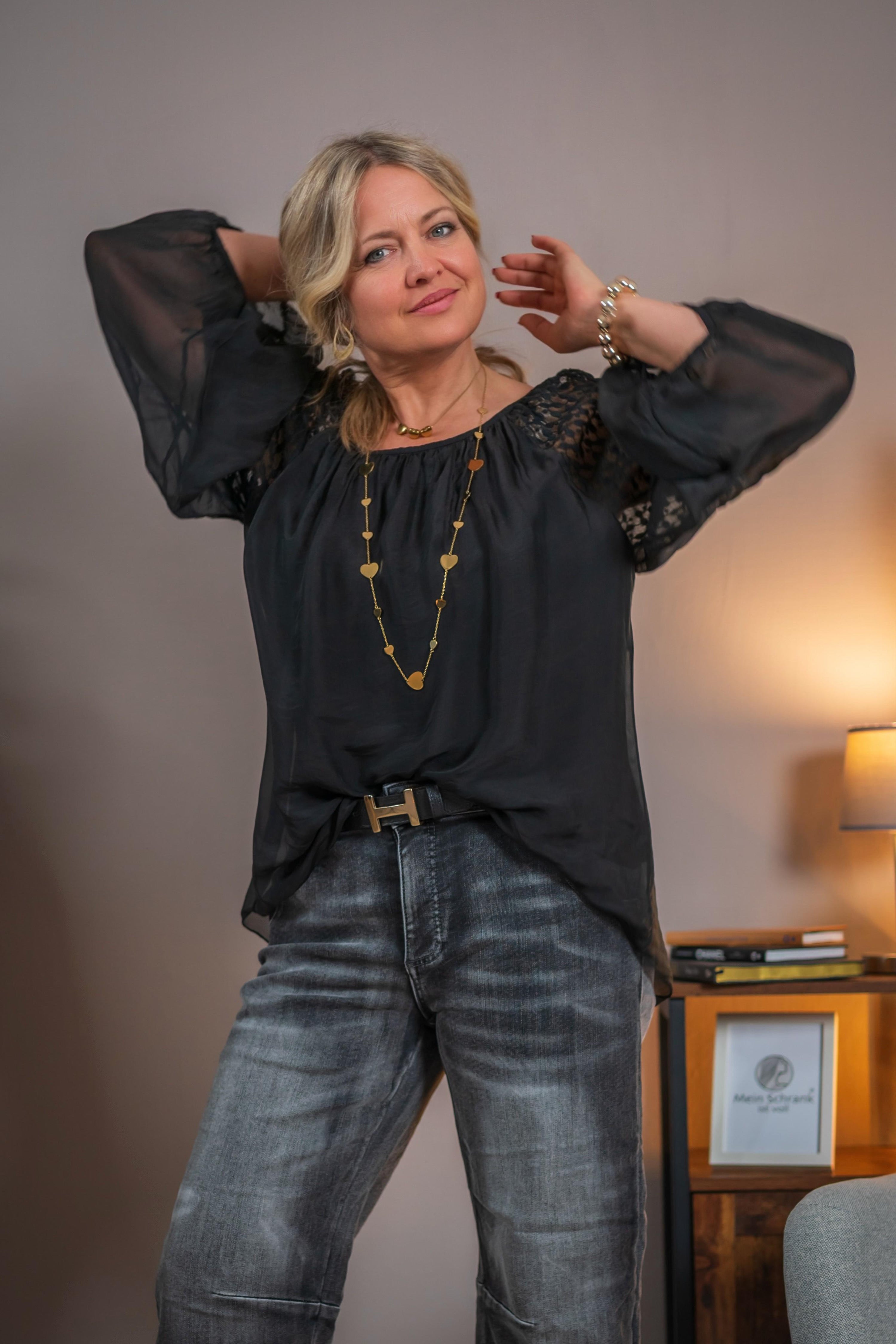 Bluse mit Spitzenärmel, schwarz