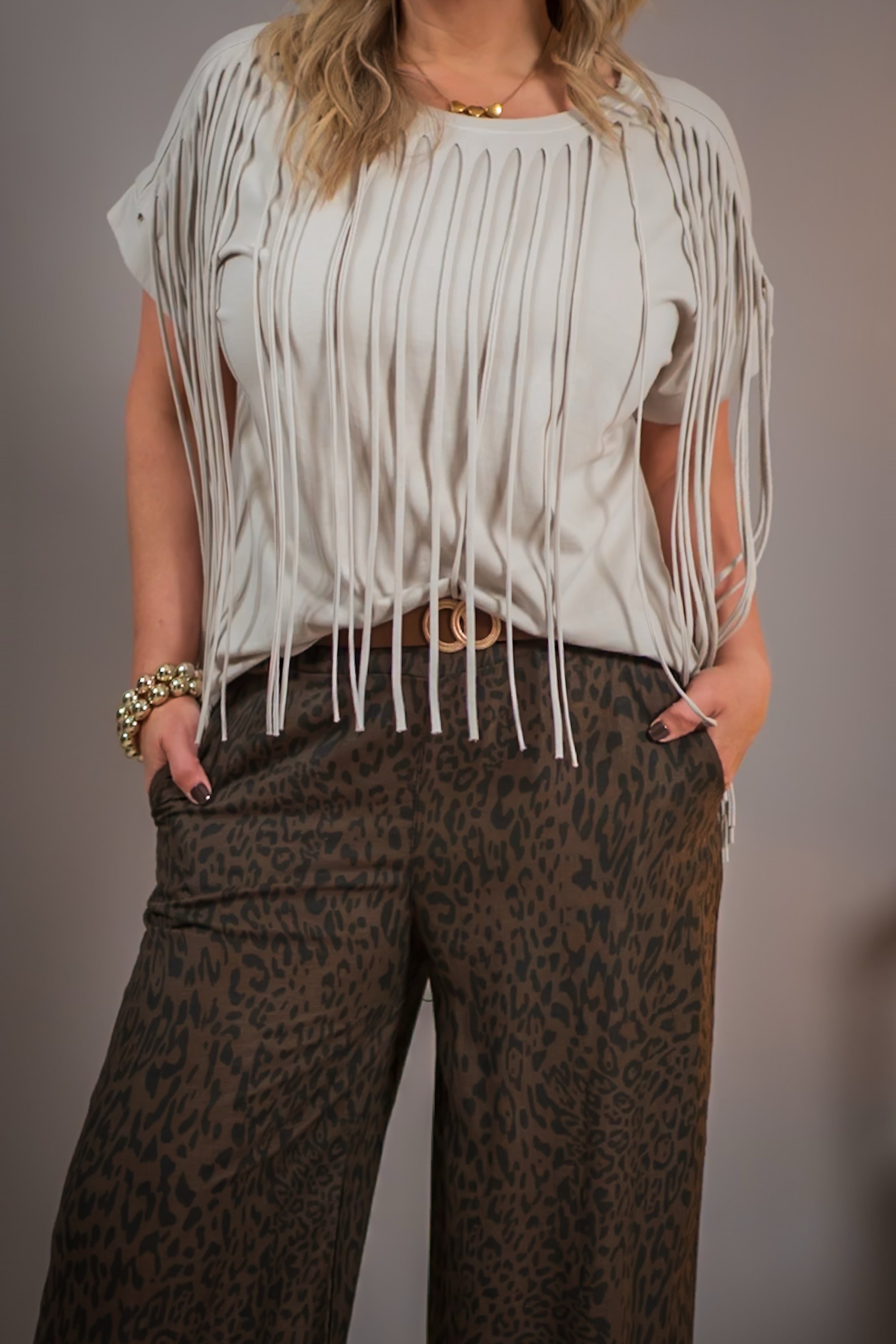 T-Shirt mit Fransen, beige