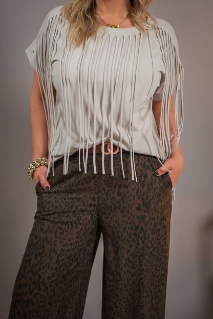 T-Shirt mit Fransen, beige