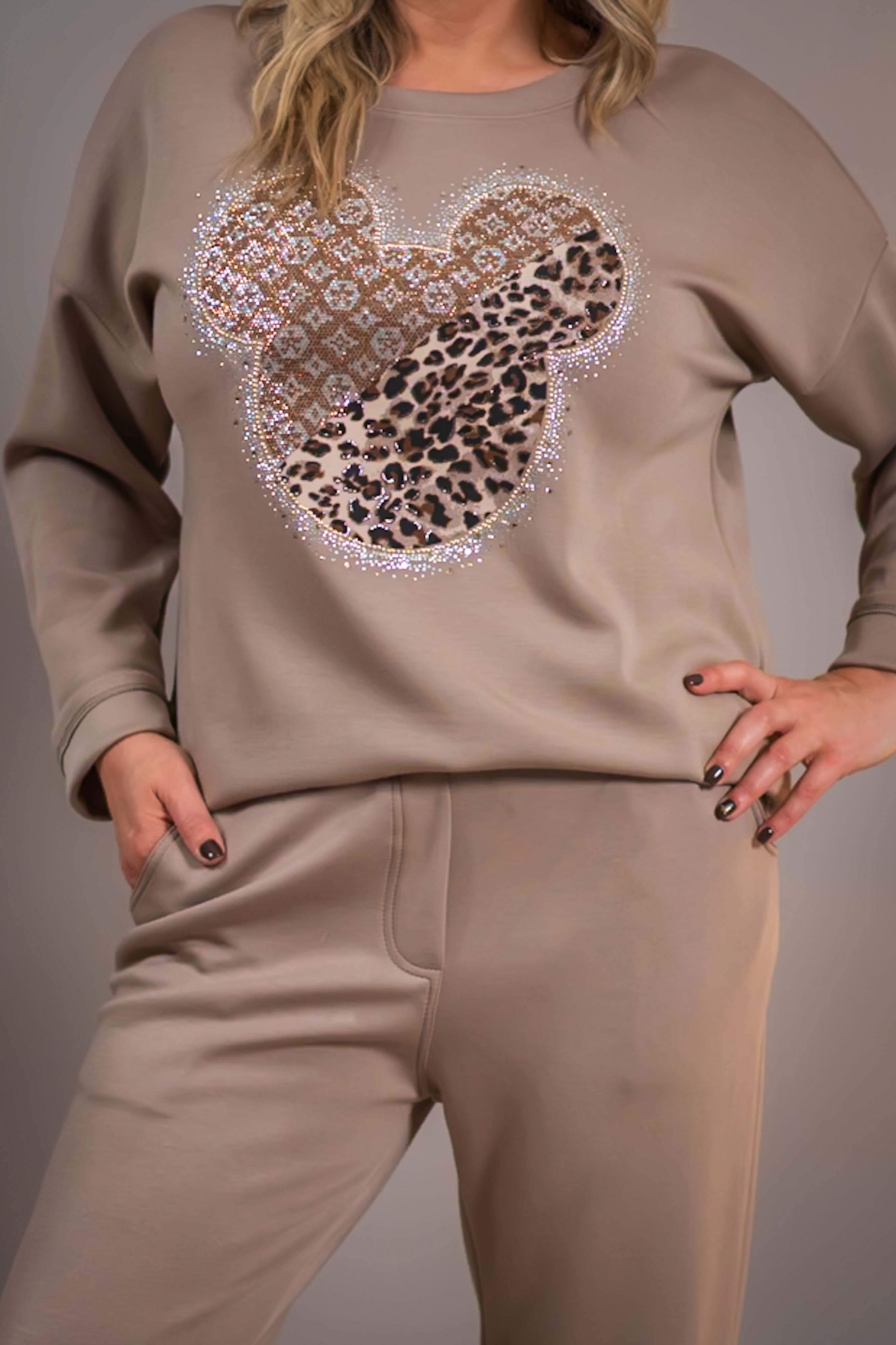 Sweatshirt mit Steinchen besetzt, taupe