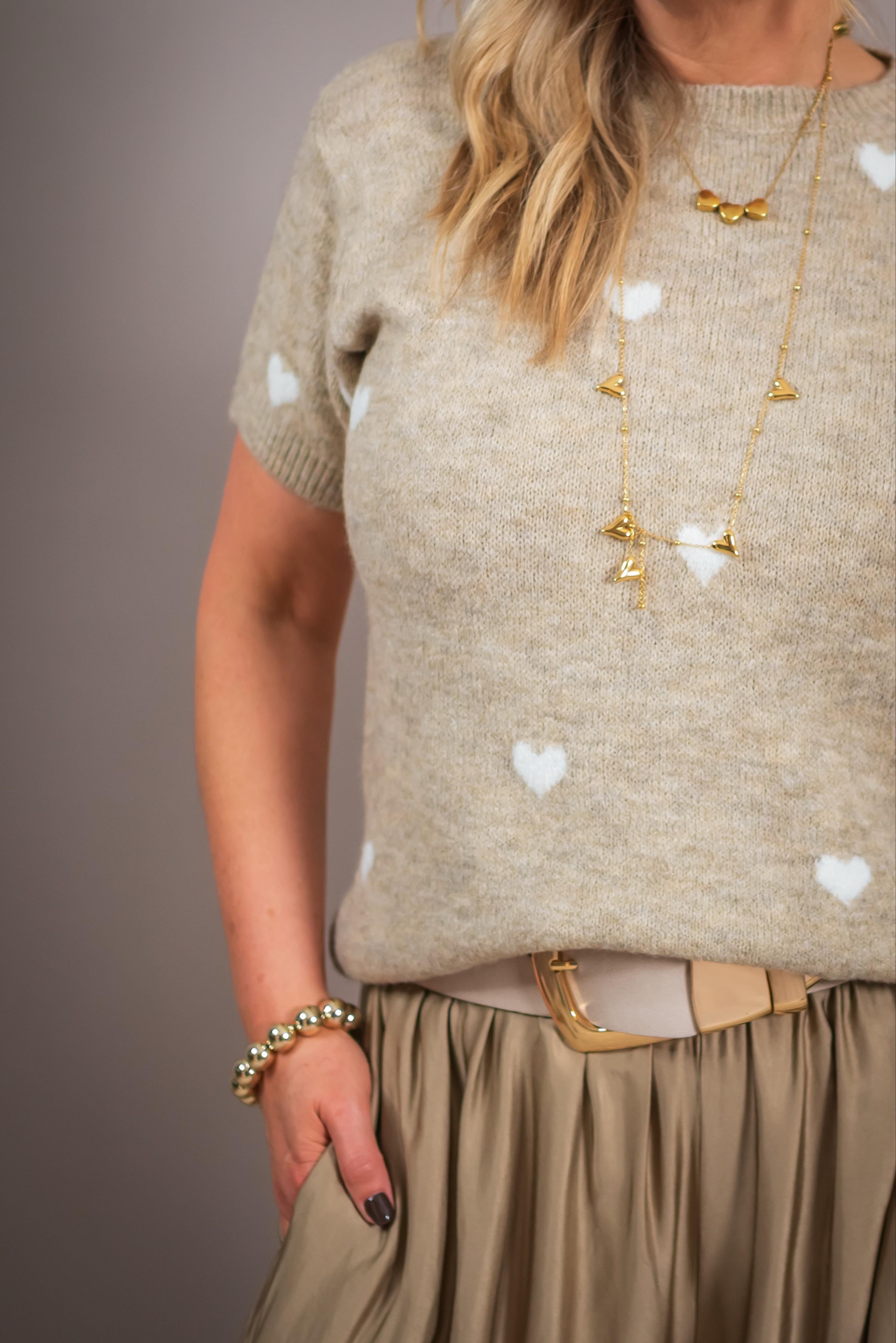 Kurzarm-Strickpullover mit Herzen, beige