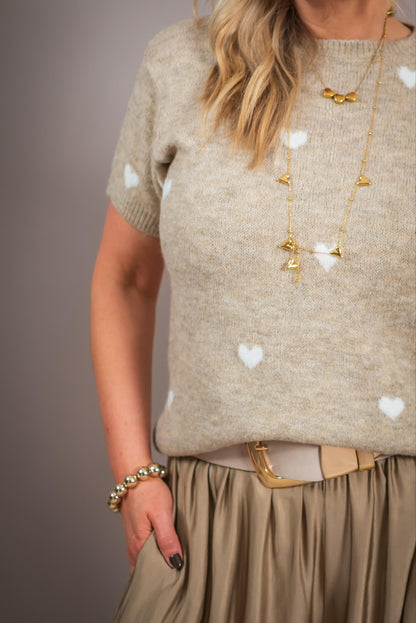 Kurzarm-Strickpullover mit Herzen, beige