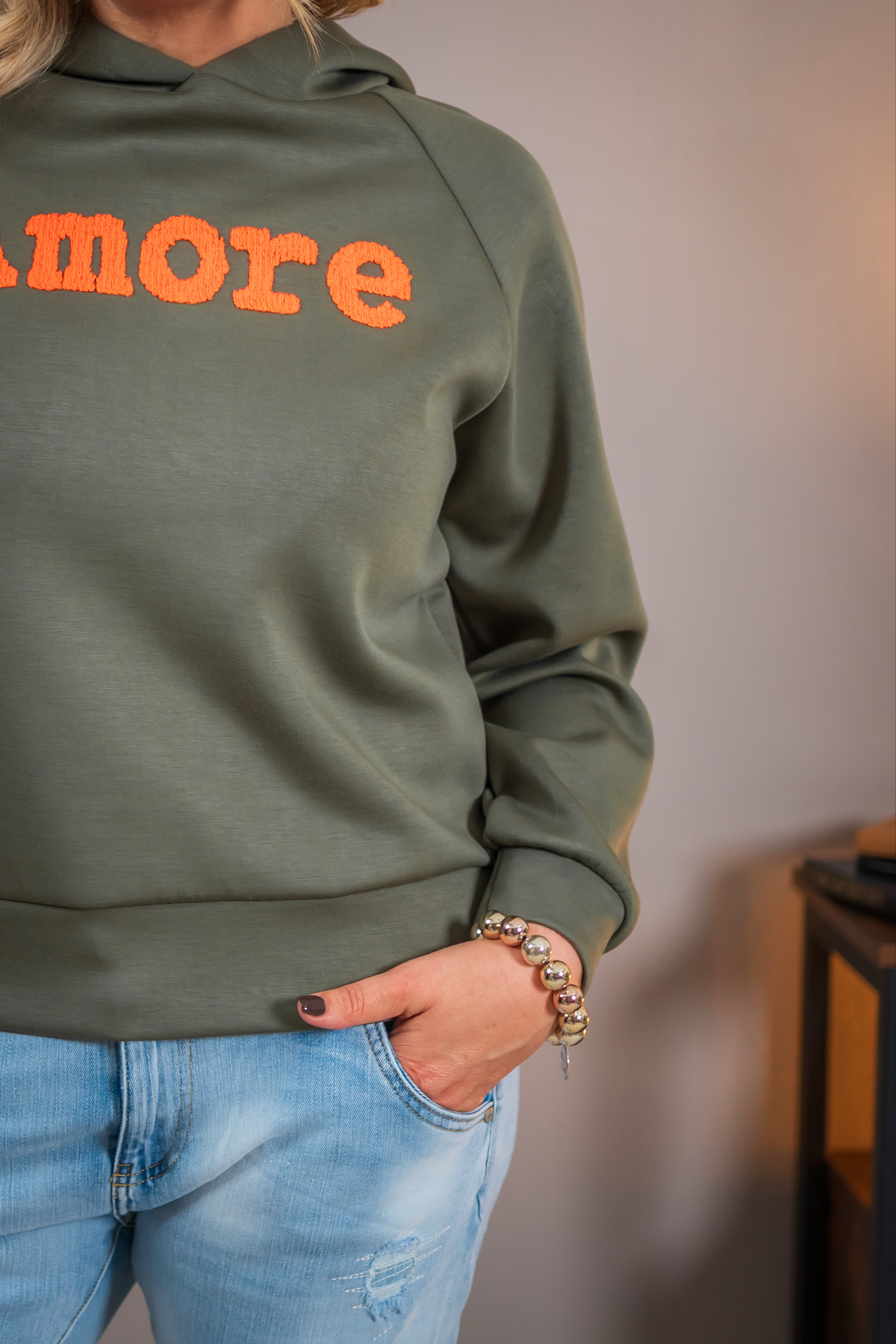 Leichter Hoodie mit Beflockung, khaki