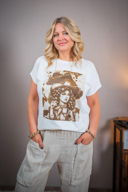 T-Shirt mit Cowgirl, weiß-bedruckt