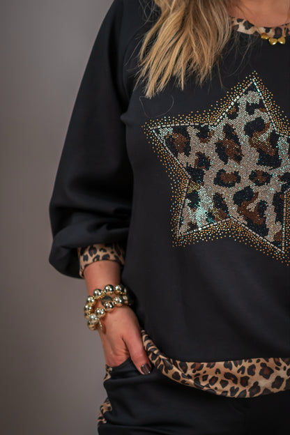 Leichtes Sweatshirt mit Steinchen besetzt, schwarz