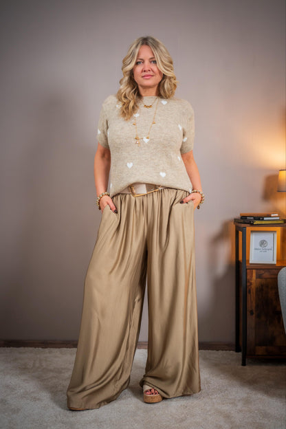 Kurzarm-Strickpullover mit Herzen, beige