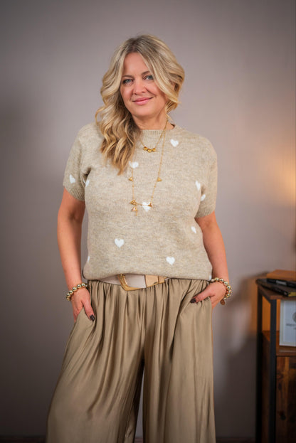 Kurzarm-Strickpullover mit Herzen, beige