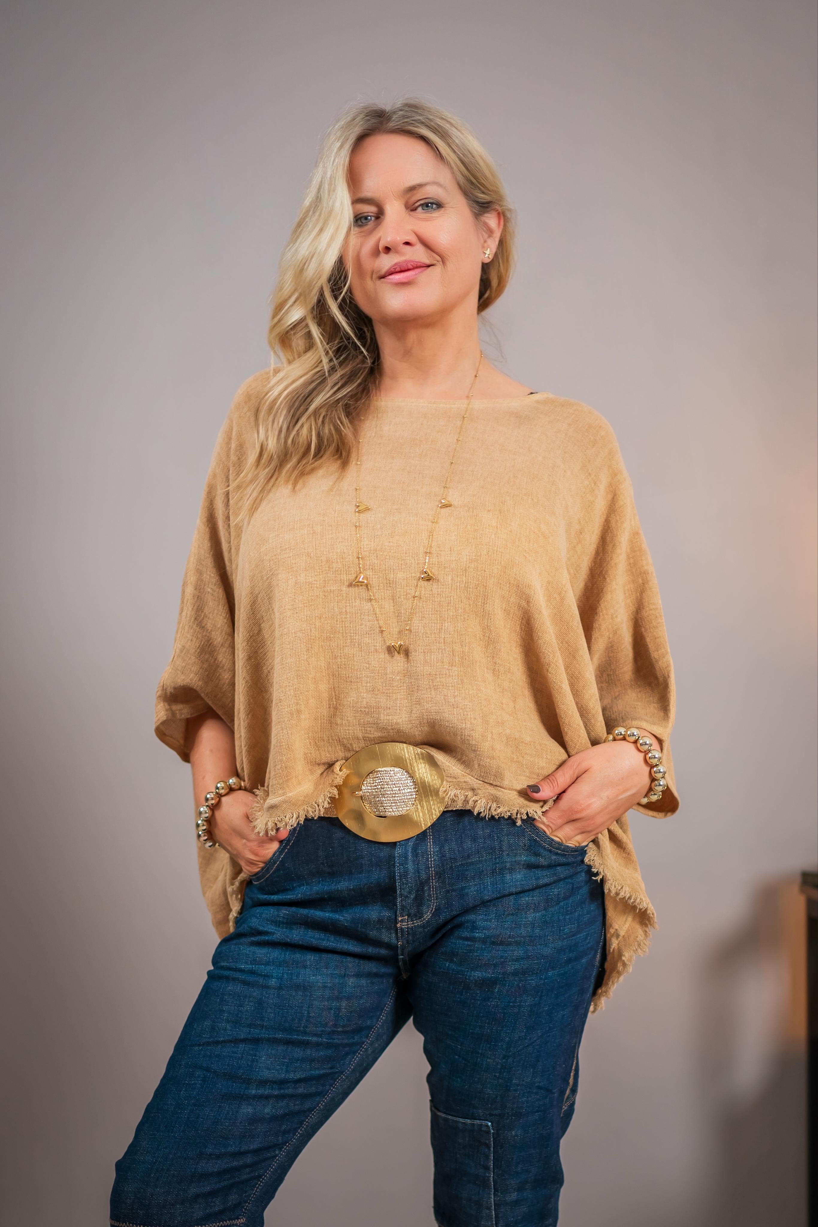 Oversize-Leinenshirt mit Fransen, camel