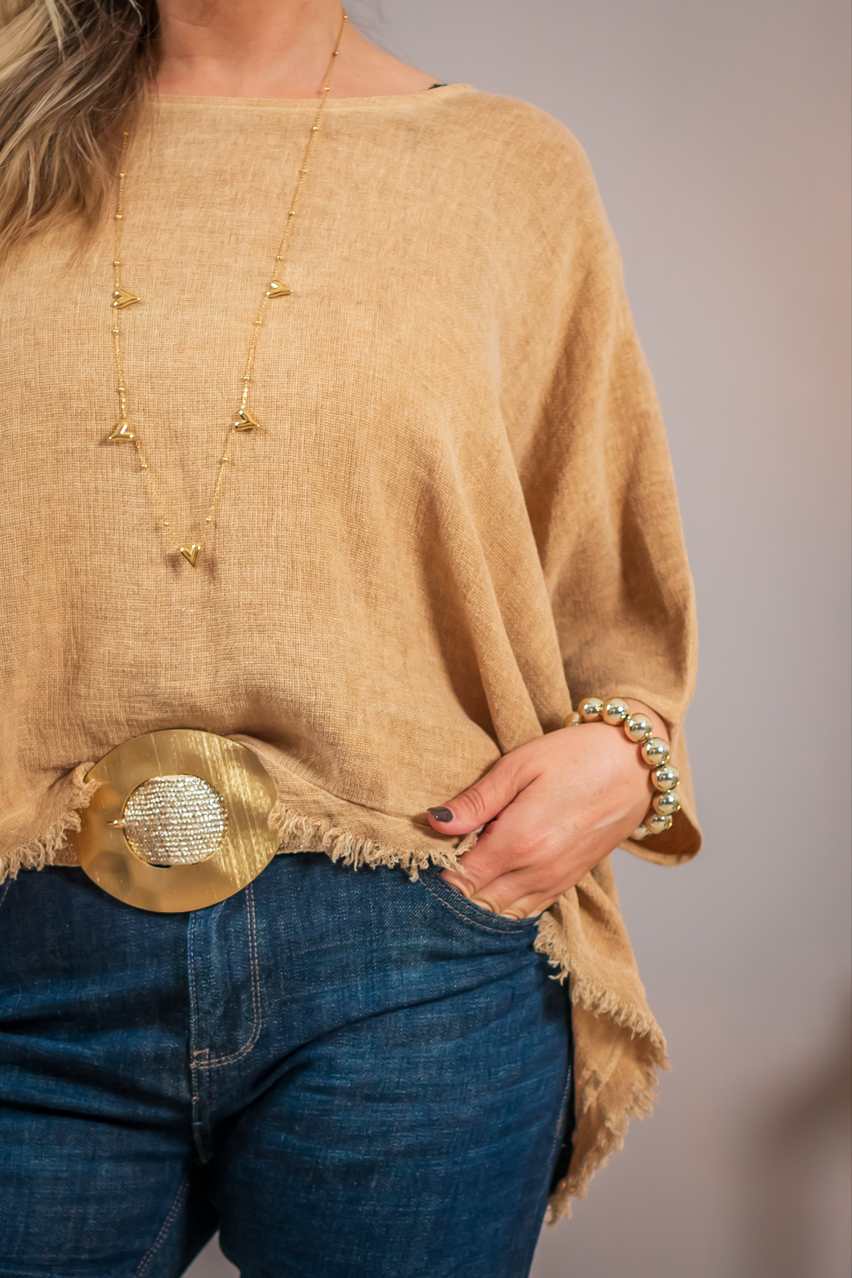 Oversize-Leinenshirt mit Fransen, camel