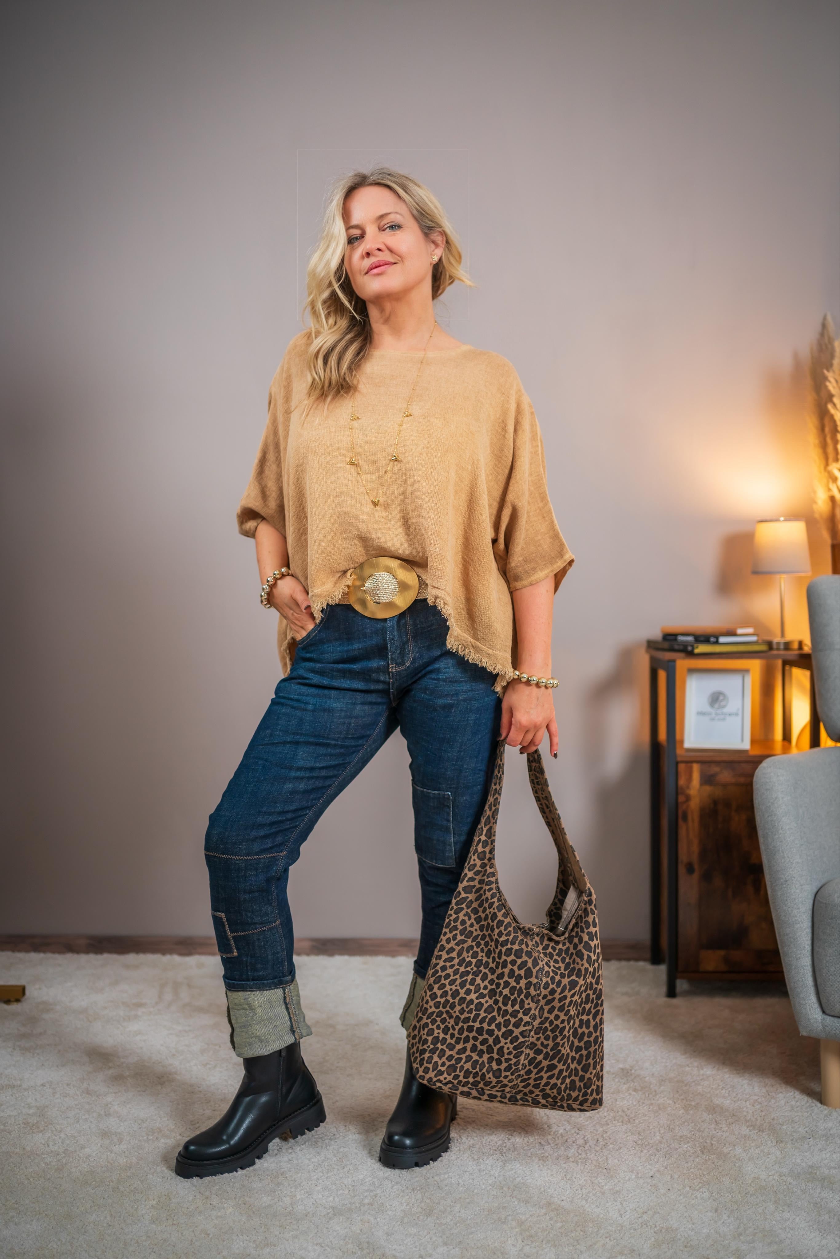 Oversize-Leinenshirt mit Fransen, camel