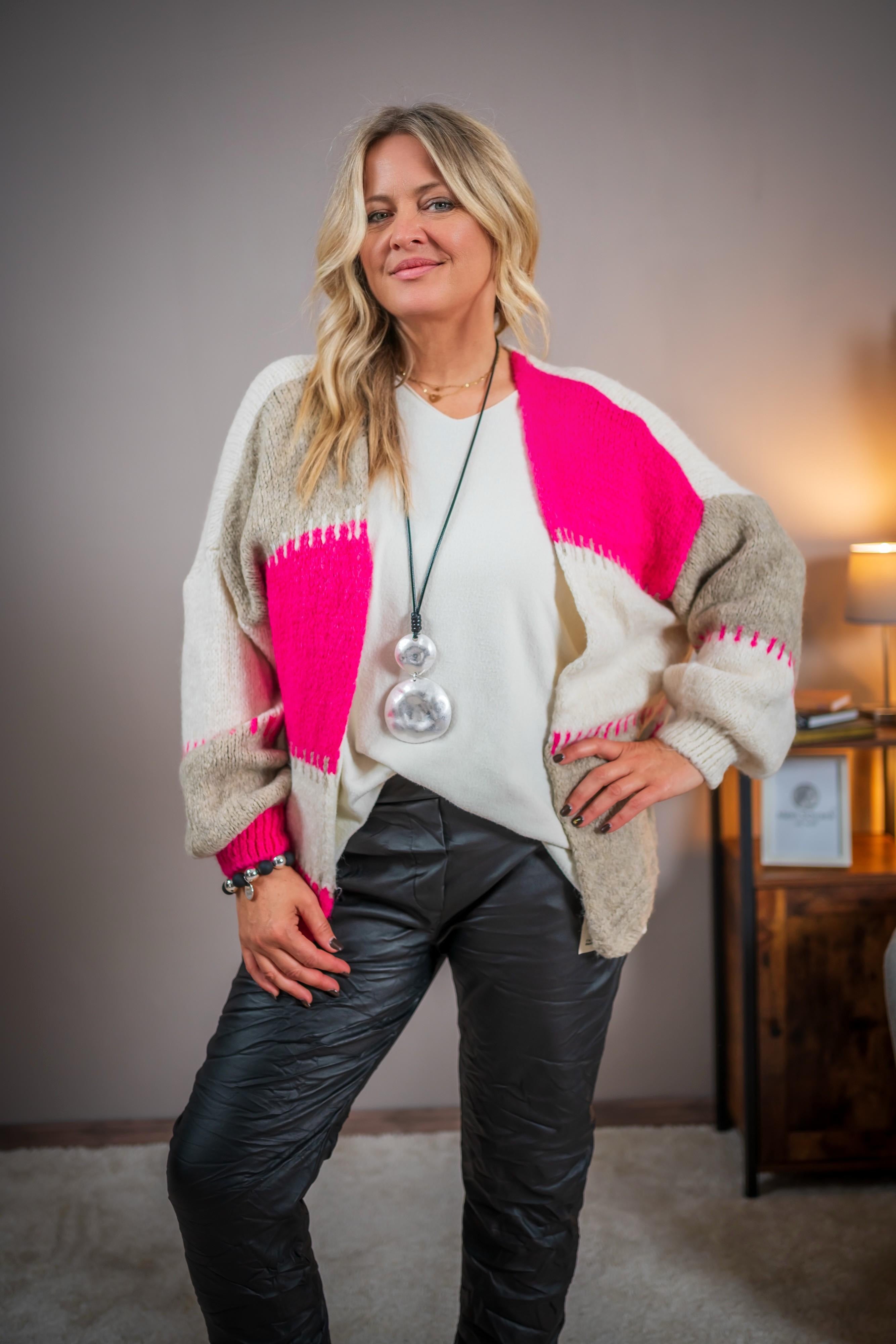 Oversize-Strickjacke, taupe-pink-wollweiß