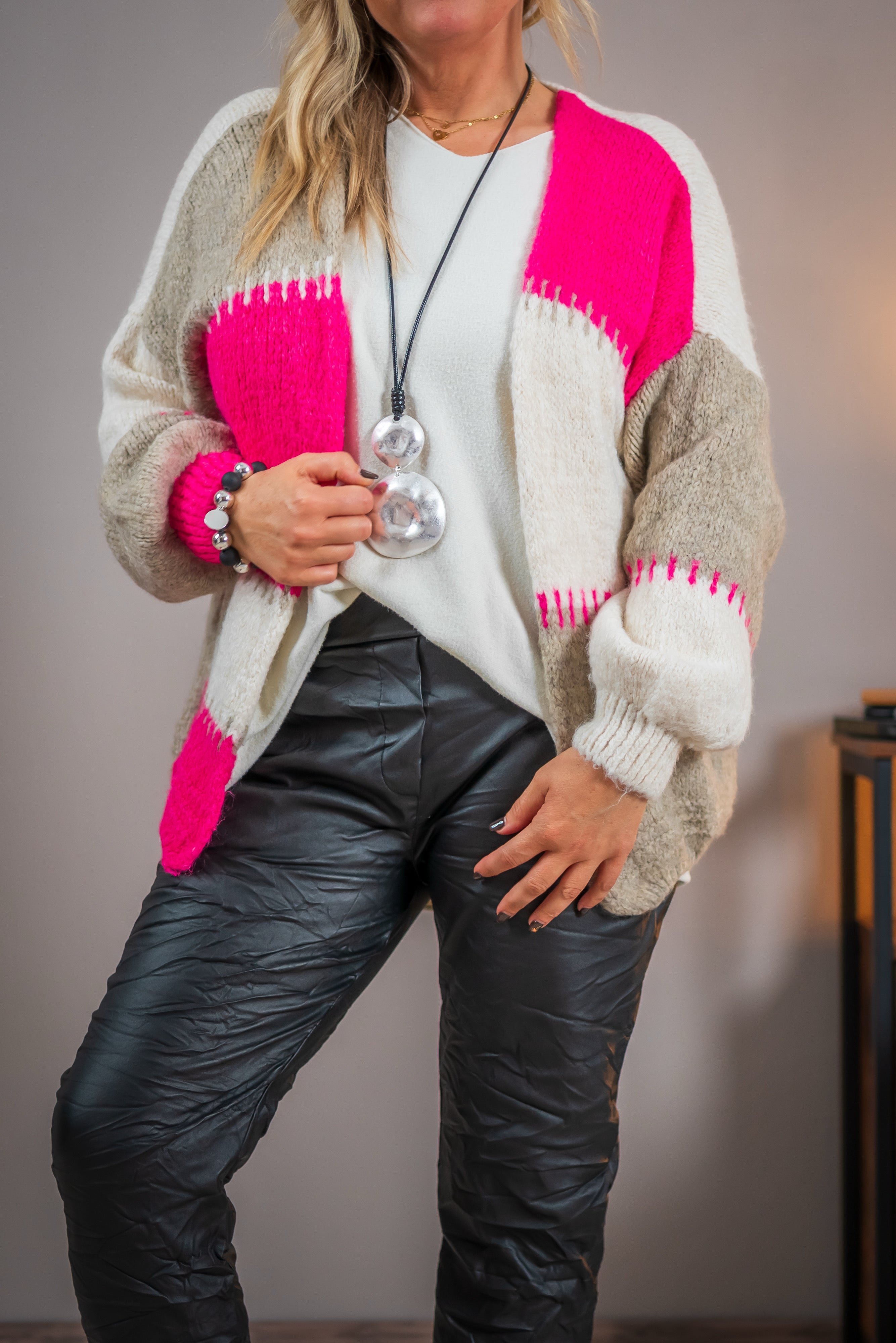 Oversize-Strickjacke, taupe-pink-wollweiß
