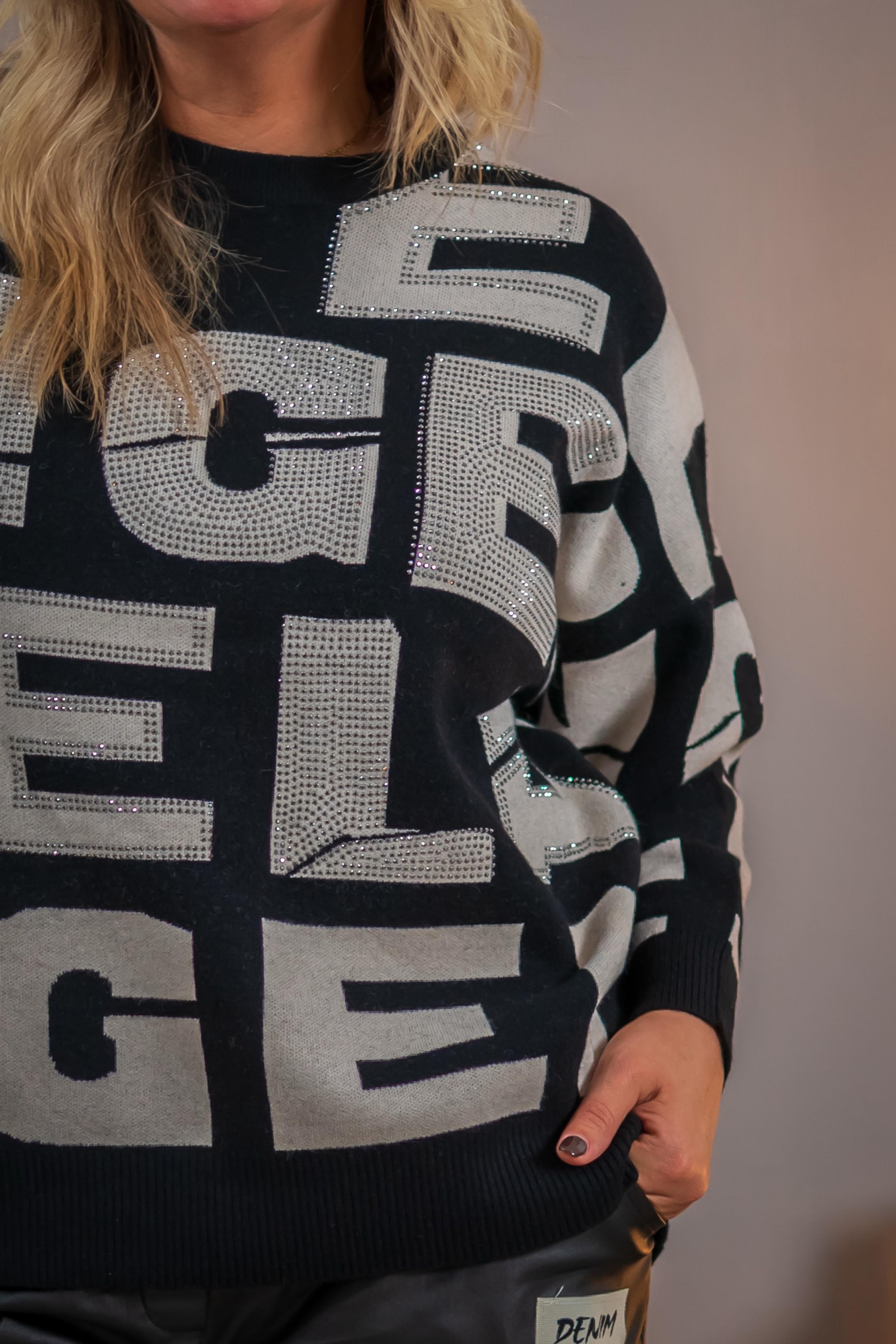 Feiner Strickpullover mit Strass, schwarz
