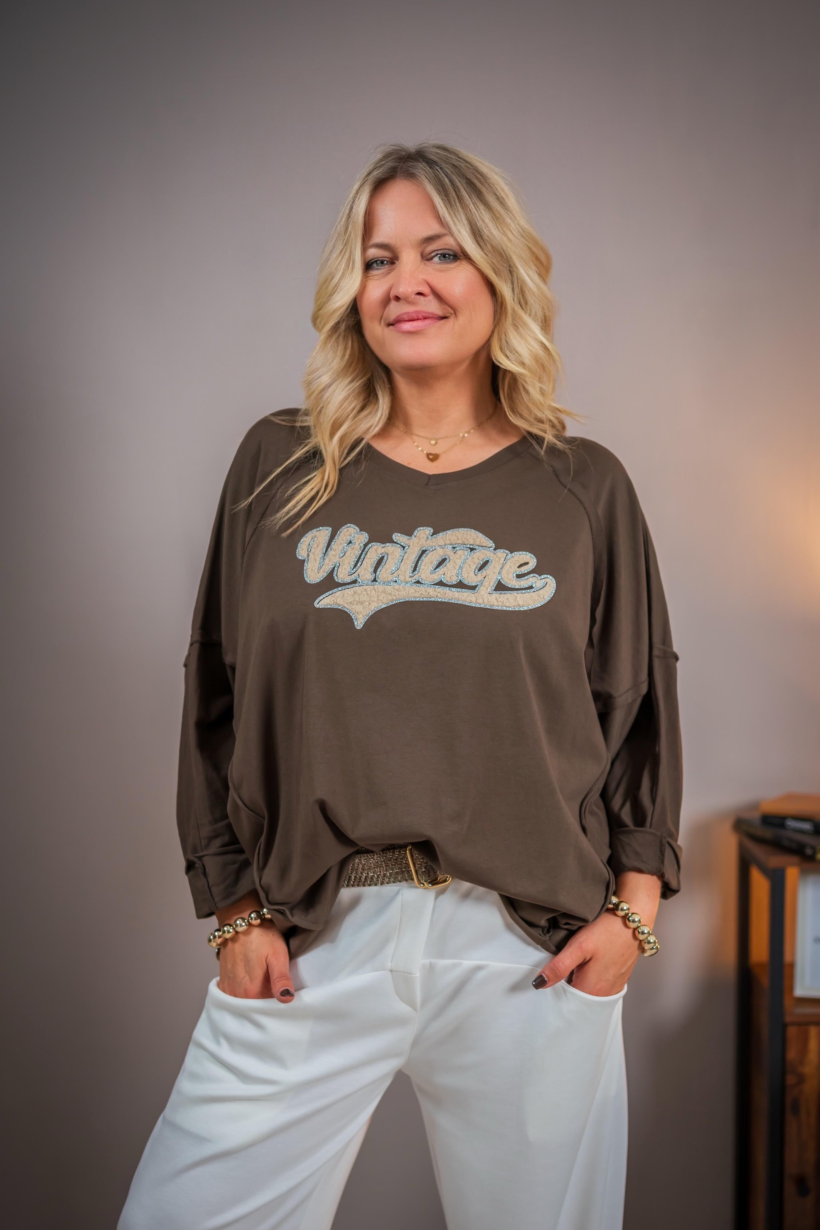 Sweatshirt mit Vintage-Print, schokobraun