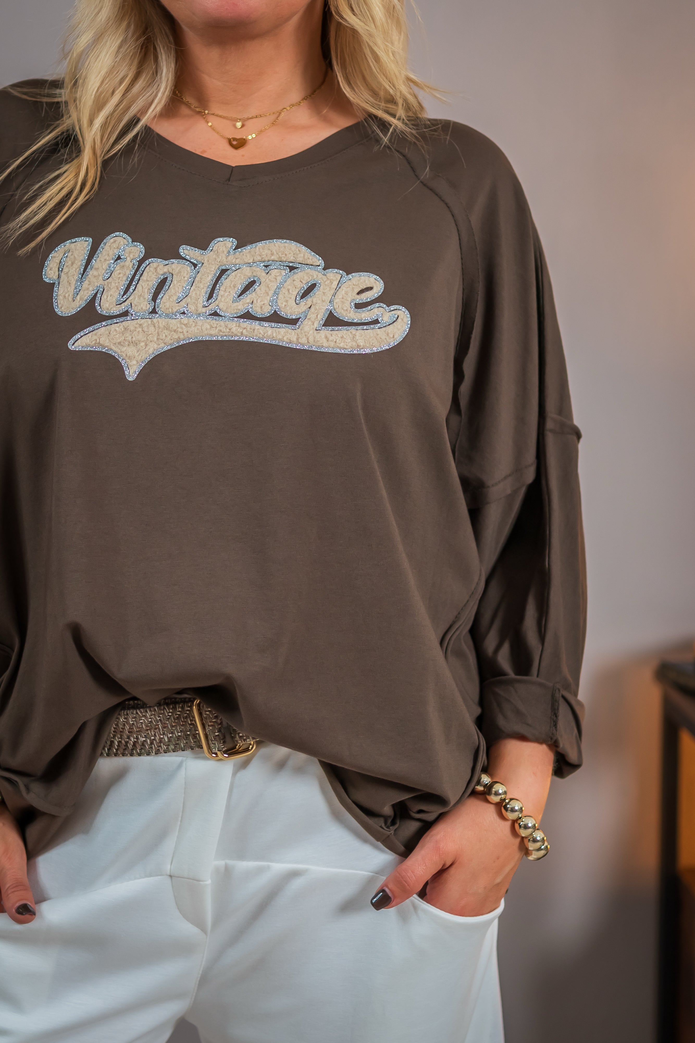 Sweatshirt mit Vintage-Print, schokobraun