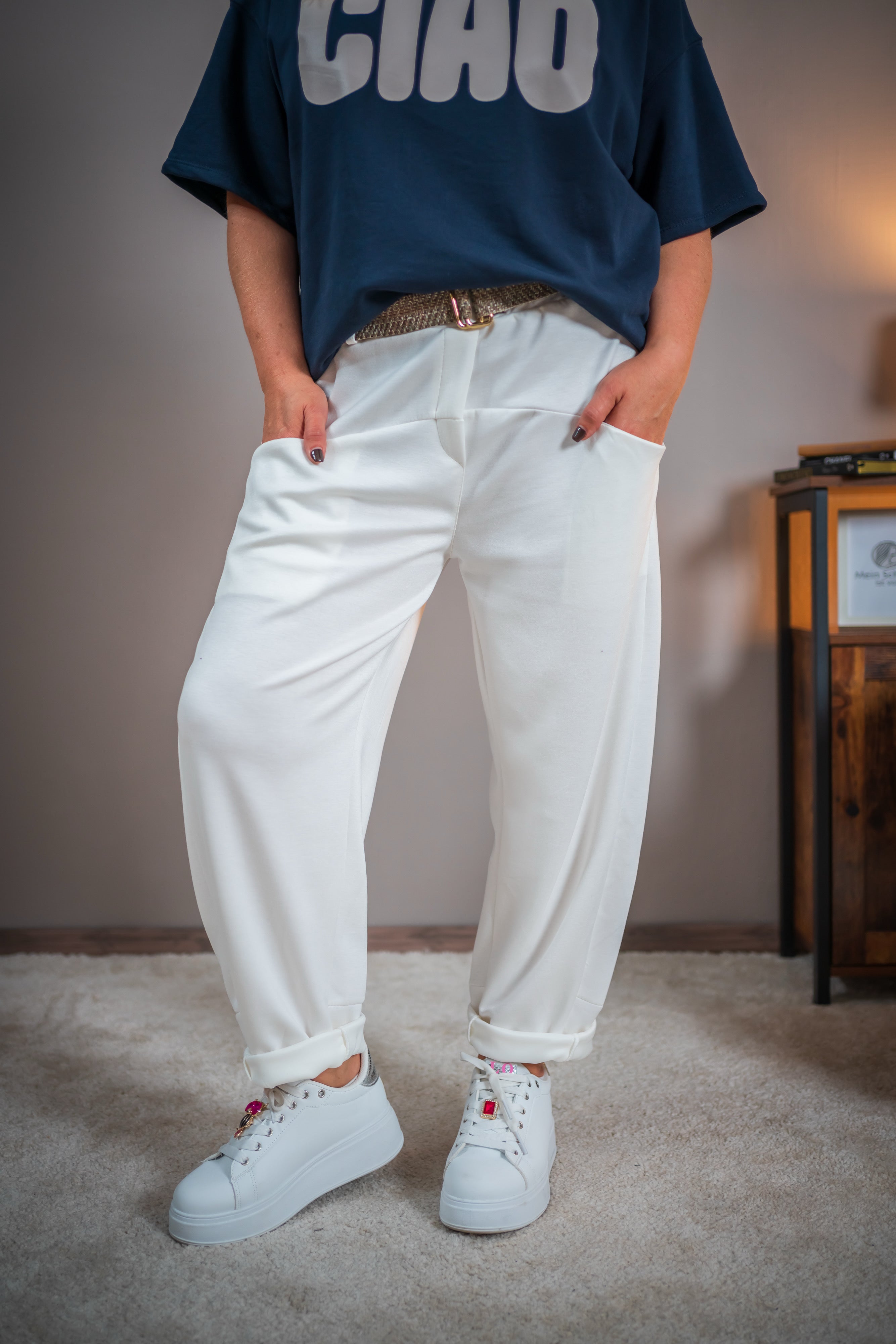 Jerseyhose mit Gürtel, wollweiß