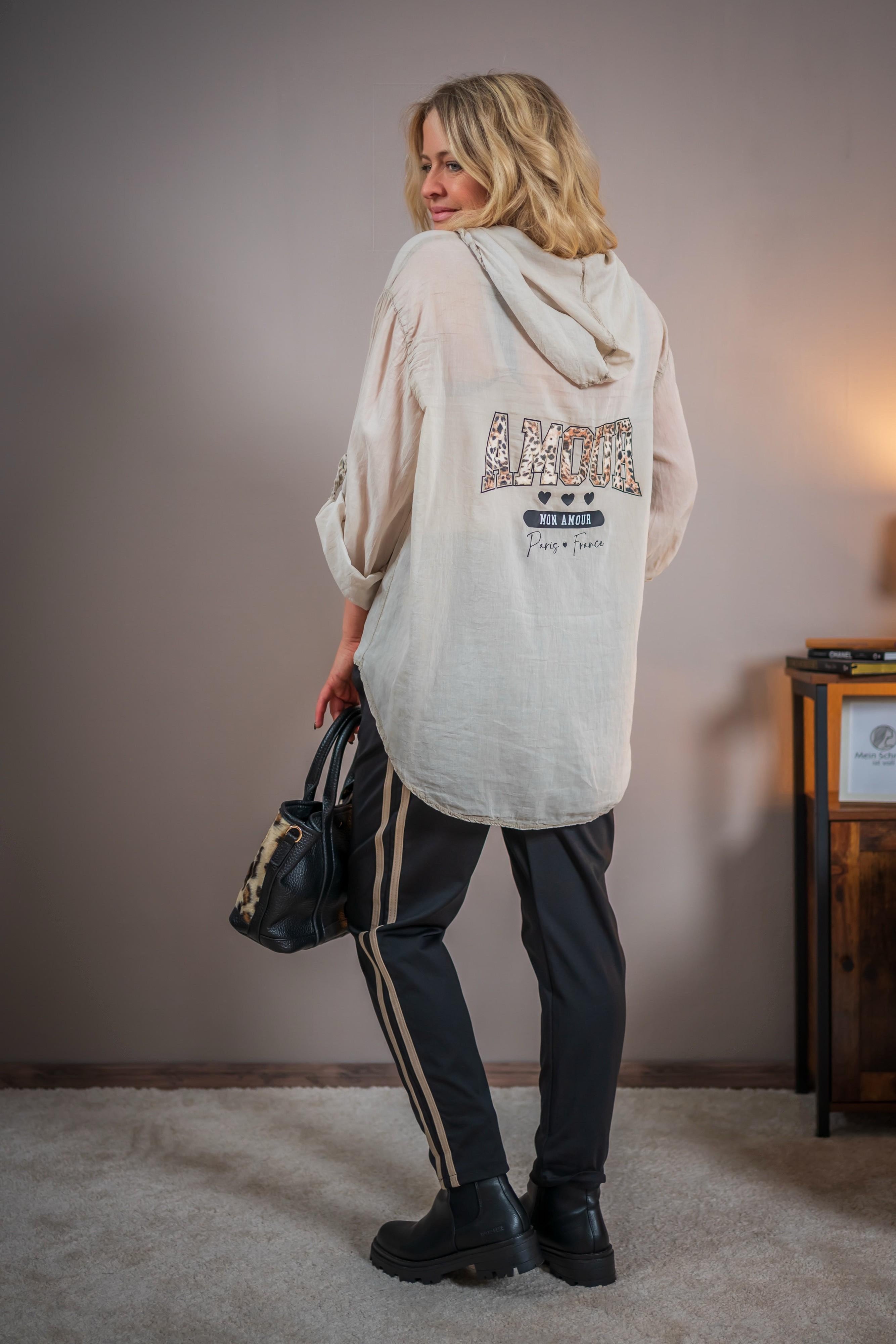 Kapuzenbluse im Hemd-Stil, beige