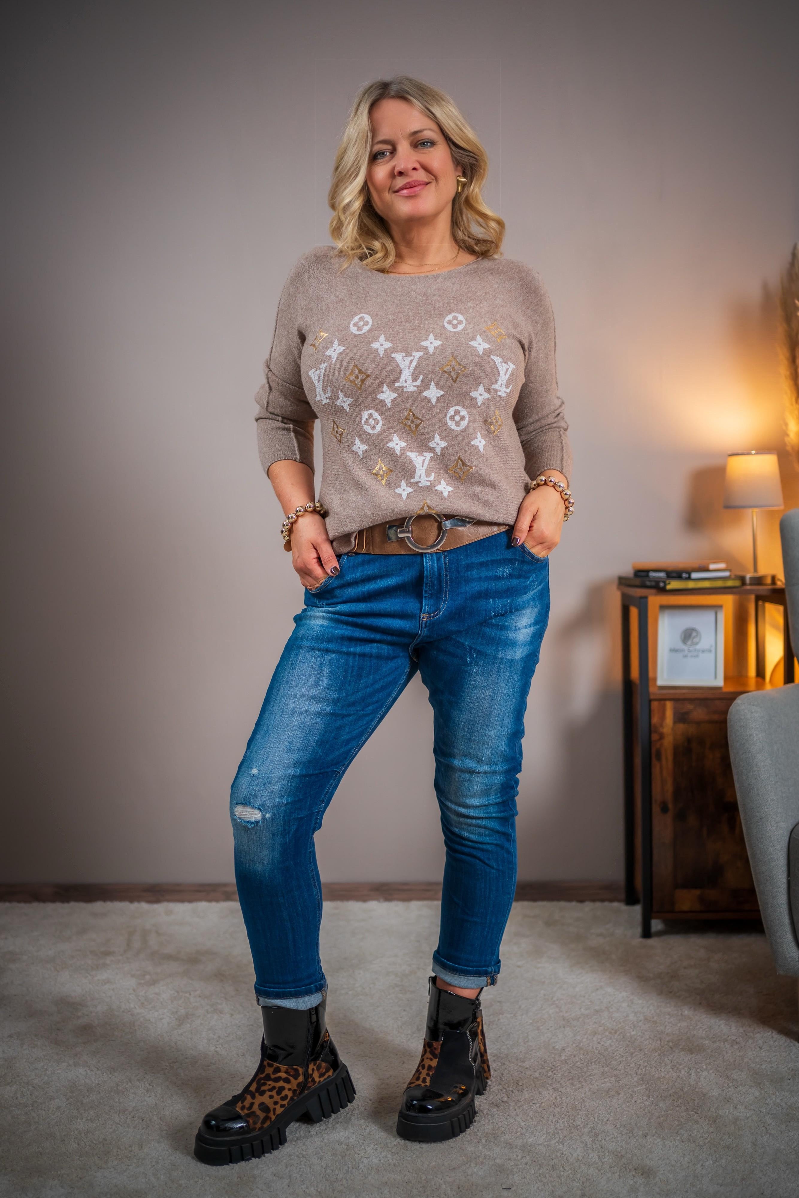 Feiner Strickpullover mit Print, taupe