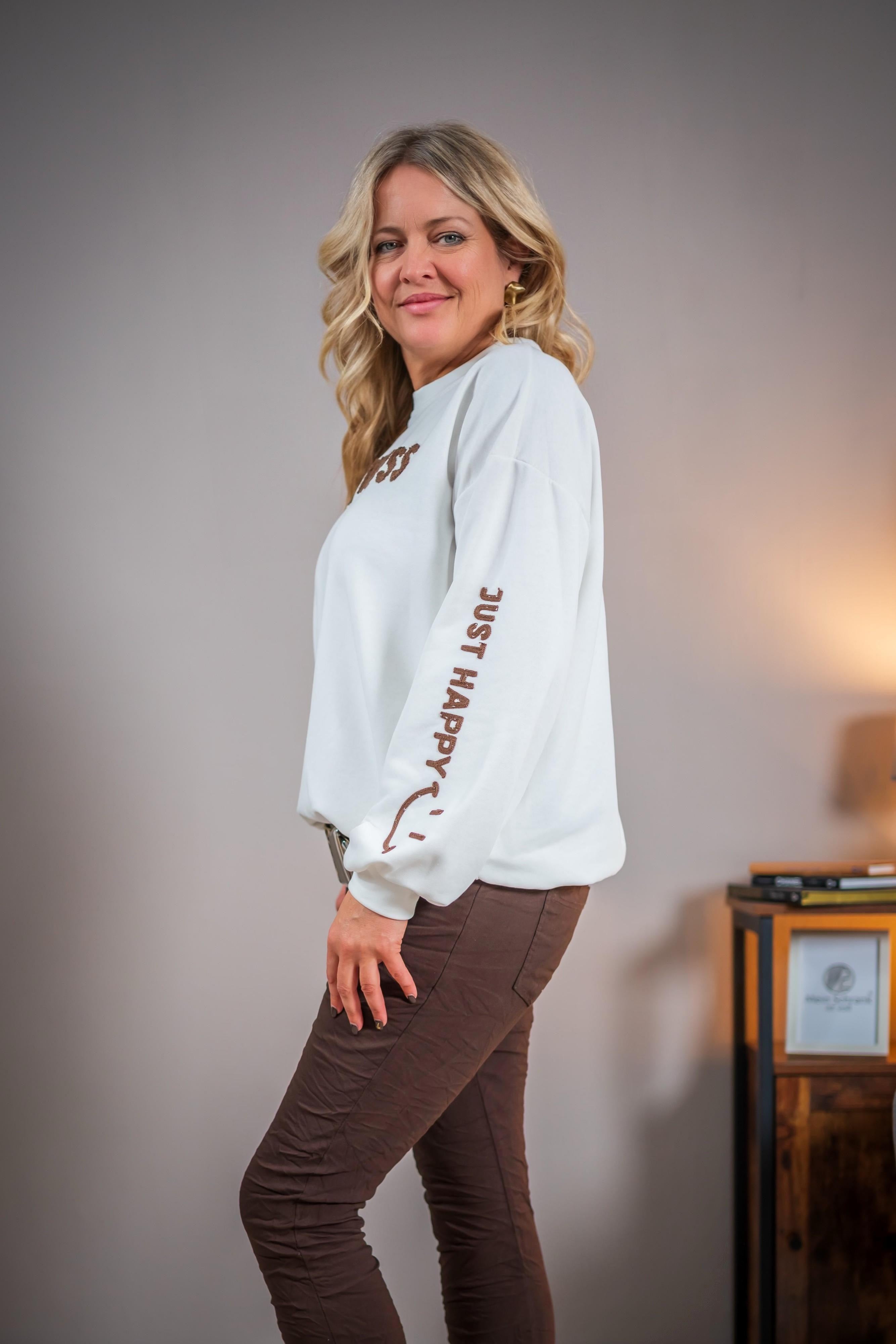 Sweatshirt mit Beflockung, weiß