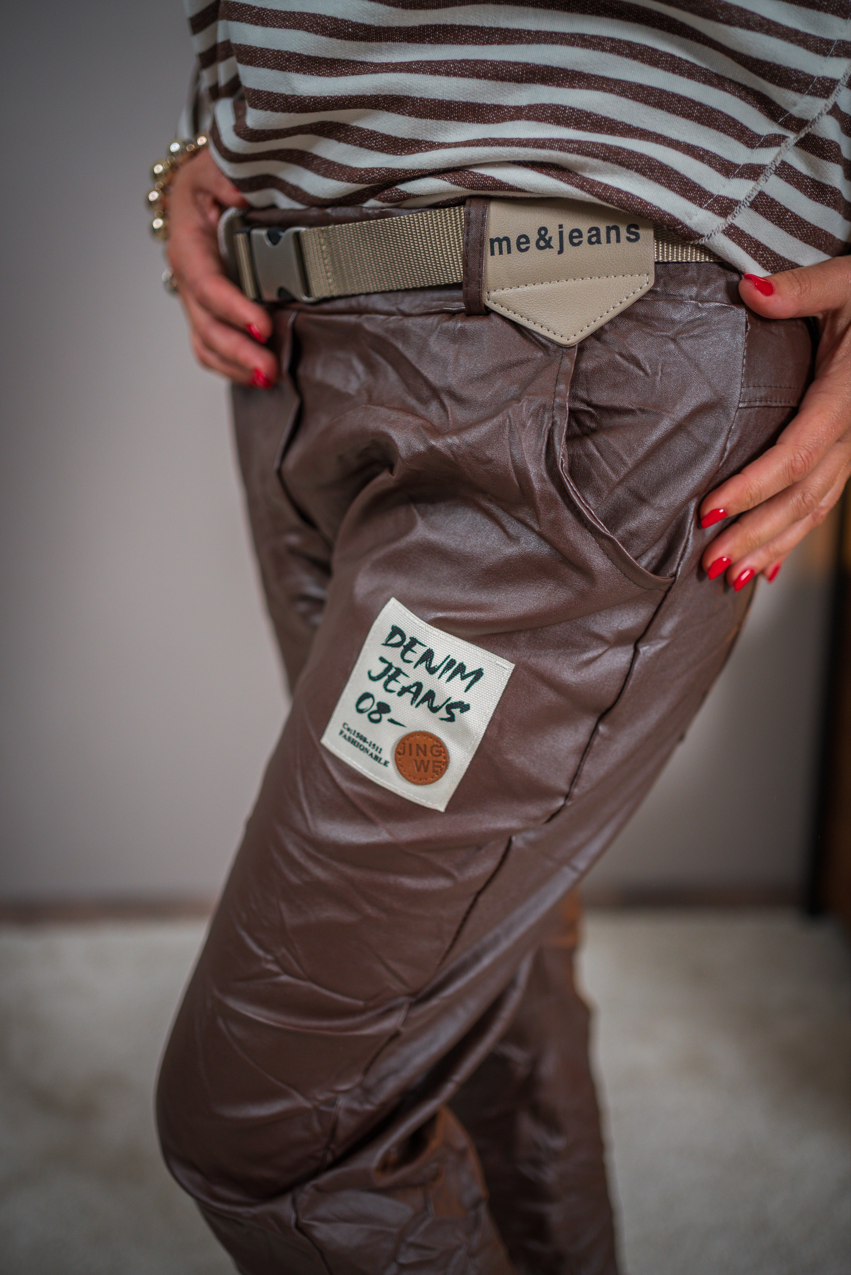Stretchhose im Leder-Look, schokobraun