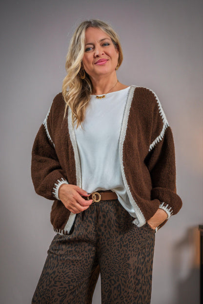 Oversize-Strickjacke, schokobraun-weiß